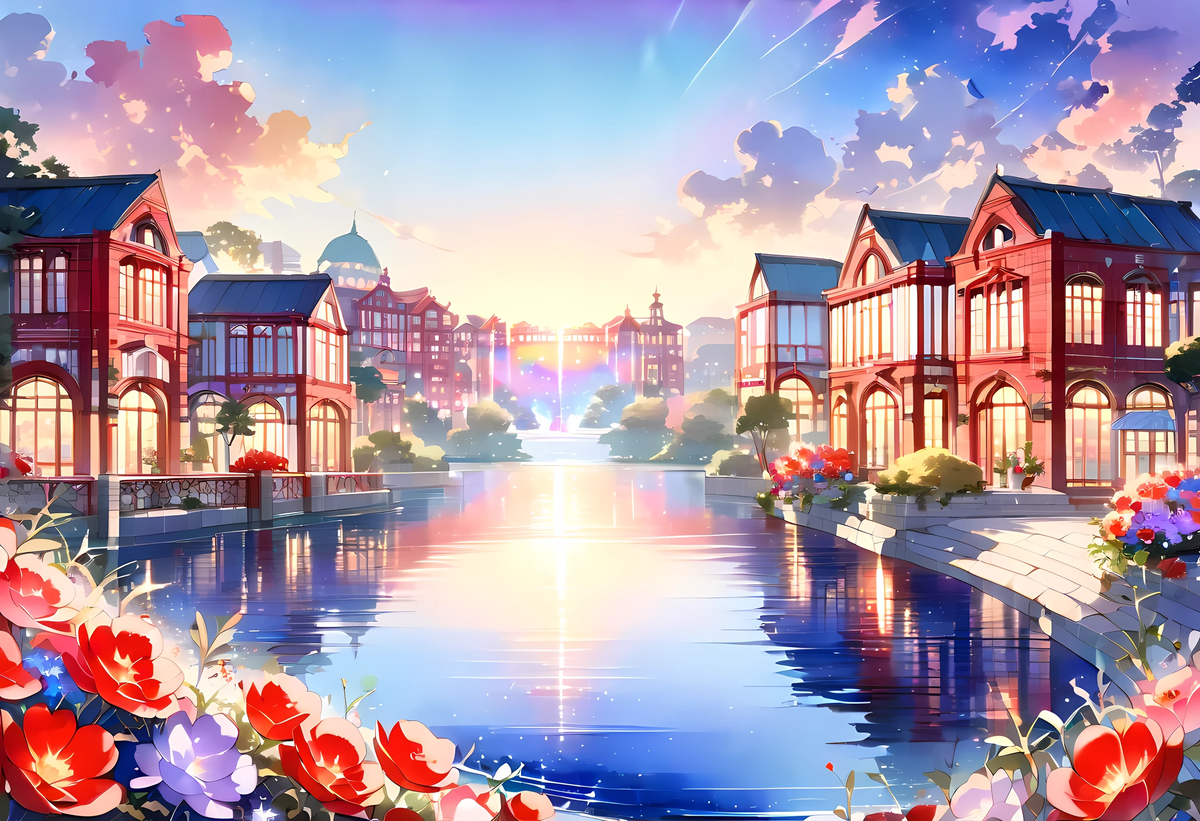 ((( elaborate watercolor painting depicting a beautiful twilight landscape with lots of red brick buildings))),(((Soul Love ))),(( top quality ,masterpiece:1.5)),((Tartarian style )),((Water City)),((waterfall)),((Overall reddish purple )),( large colorful photons :1.5),( Splendid flowers in the foreground ),( pearl white ),( Perfect Anatomy),( Ultra High Quality ),( detailed background),(Artwork),( shining flowers ),(Great harmony ),(The 々 creatures you depict are beautiful),Desaturated:1.1, rich color palette , beautiful fantastic lighting , anime style,Beautiful waterside ,truth,joy,thank you,comfortable,fair,Elegance,Polite , true strength ,Full of vitality ,altruism,Beautiful,clean, soft,Here and now , Forget Time ,Unadorned ,fun,continuation,Cute Cat,Coupon 