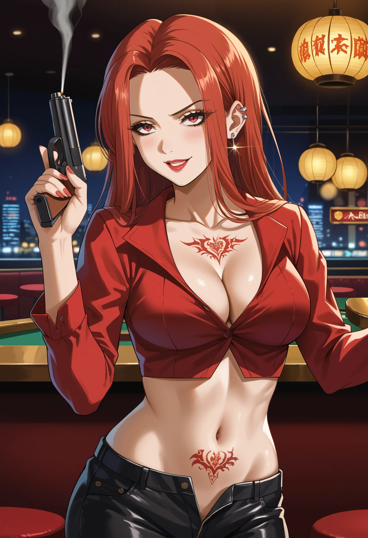 score_9, score_8_up, source_anime, 1girl, solo, SoryuinShion, long hair, parted bangs, large breast, cleavage, red dress, smirk, ear piercing, long hair, blush, lipstick,Hot girl, baddie, smoking, sensual, attractive ,bar
background, inside bar,indoors, cityscape, casino, nightclub, city lights, masterpiece, best quality, highly detailed, a girls with a gun, evil smile , open mouth, sexy gaze, badass
pose , evil smile, smile, (nsfw) not safe for work, guns blazing, anime girl with long hair, beautiful long
haired girl, navel, evil expression, exposed belly, exposed navel, exposed midriff, exposed lower belly,
long black pants, crop top, cleavage, unbuttoned leather pants ,open fly, low rise black leather pants,
leather jacket, holding a gun, holding pistol , cleavage, unbuttoned shirt,shirt, knot,,  tattoo on body, dragon tattoo, tattoo midriff,