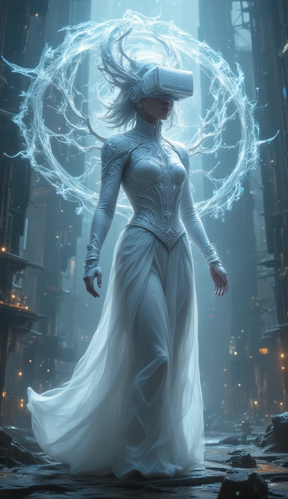 full body shot of stunning pure white hauntingly baroque sci-fi,  beautiful  afro woman wearing a victorian luxury  white dress and a baroque high-tech  vr headset intricately_detailed_with_ornate_neon-noir-lit filigree_and_dark_moody, over an industrial floating platform, in a dystopian technological city, surrounded by holographics escenes, she is testing the intricate baroque hi-tech vr headset , 