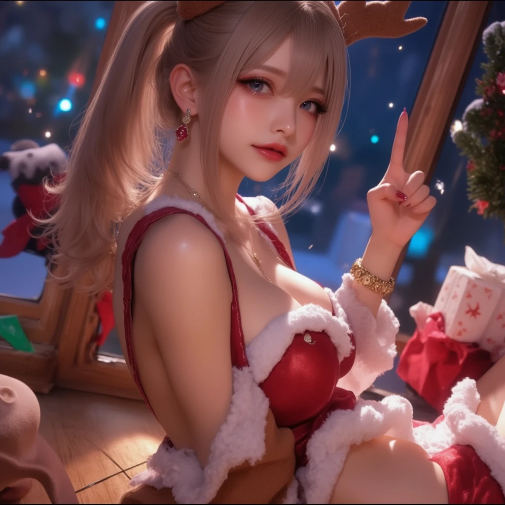 <lora:detail_slider_v4:2>, 1girl, solo, detailed face,
Polished and thorough Santa attire, glowing Noel tree, in the open air, at twilight, heavy snowfall covering the area, spun from wool, featuring midnight-black steel, twinkling, Santa crown, clear, sprinkled with sparkle, half-entrenched in the earth, illuminated by sunlight, radiant light, elated, long ruffled hair, fancy dress, titanium slivers in the lake, smiling joyfully, head slanted, titanium-tinged vision, bright gazes, fancy braiding, detailed wear, Santa getup.
small breasts, nipples, nsfw <lora:skin_tone_slider_v1:-0.2>, <lora:Squeezer2:0.4>, sntgrls <lora:santa-04:0.75>