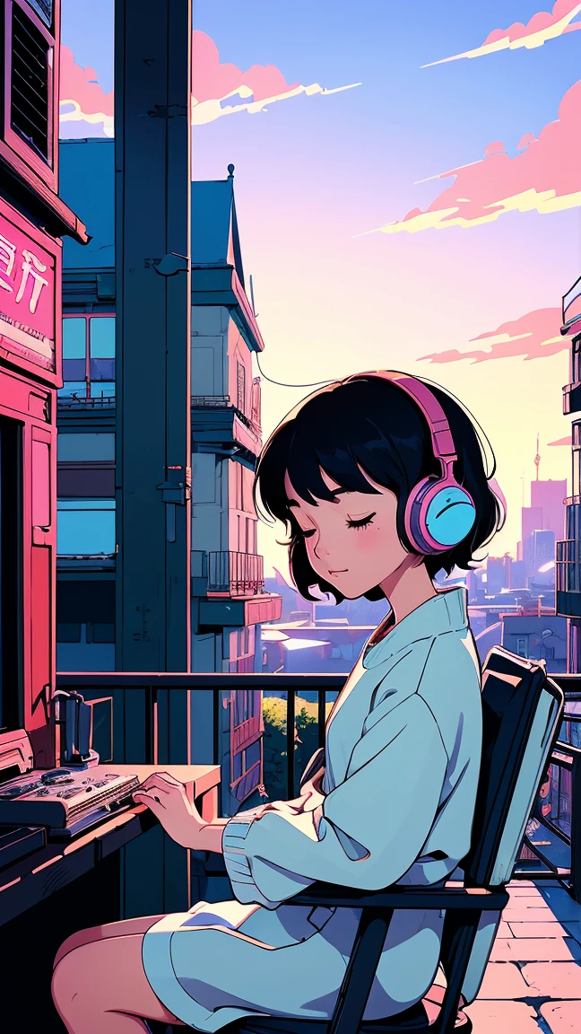 (( top quality )),(masterpiece)),(  Details),( realistic ),80s Anime、Wide-angle shooting、Vision、 Ghibli style、 lo-fi art style 、 nostalgic、Cityscape at dusk、 woman is sitting listening to music、She has headphones on 、 have their eyes closed、Beautiful black hair with short cut,