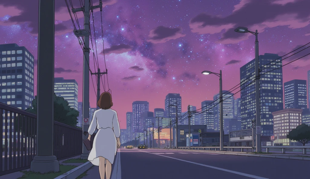  top quality , LOFI風、Beautiful girl walking through the big city 、 anime style、 The background is a fantastic universe with countless stars twinkling、Overall fashionable 、Ghibli style、Purplish Background 