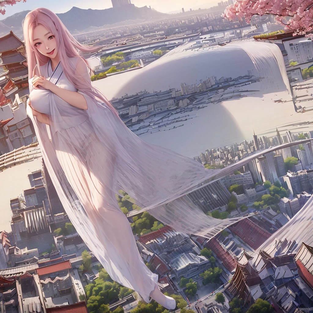 Official art, masutepiece, Sharp Focus, (Beautiful gorgeous and lovely korean woman: 1.3), (Beautiful and nice Koreans: 1.3), Korean Beauty, Delicate and beautiful hair eyes and face, Realistic, super detailed, Beautiful Girl, Blue sky, Bright white particles, (side lights:1.2), Sunlight, white clouds, Fine clouds, slim, Cute Big, Big ass, grin, ((Eyes open when you laugh)), landscape, Long straight hair, sexy expression, Buildings, (City view: 1.7), Dynamic Hair, Long straight hair, Delicate platinum-pink hair, shiny blue eyes, (Blue pleated shirt + White Dress), White stockings, pale skin, Hair dotted with magnificent landscapes, big  big  cleavage big  vagina