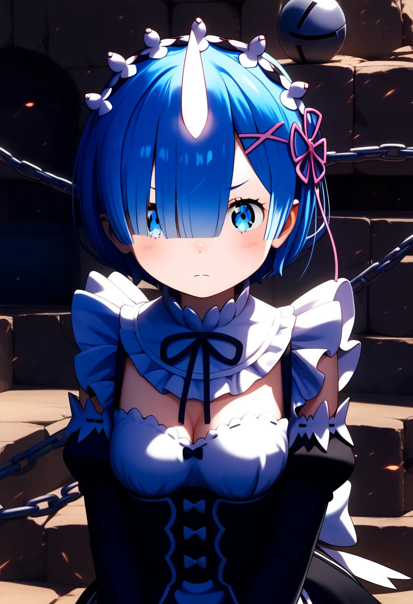 ( Super Realistic Pictures , RAW photos  , realism, 3d rendering ,Unity Engine), break (1young girl,  Shorthair,  blue hair, maid head dress,  x hair ornament ,  hair bow, hair between eyes,  blue eyes, Covering right eye with bangs, Frill collar,  neck ribbon,  clevis on a stone, frills,  dress, Separate sleeves, medium breasts1.4,one-horned demons), break (Outdoor、Green Prairie ), break (from frong、 viewers、Chest focus,( close-up:1.2)), break ((An iron ball with spikes connects to a chain, which twists like a whip, combat, Intense, dynamic, action))