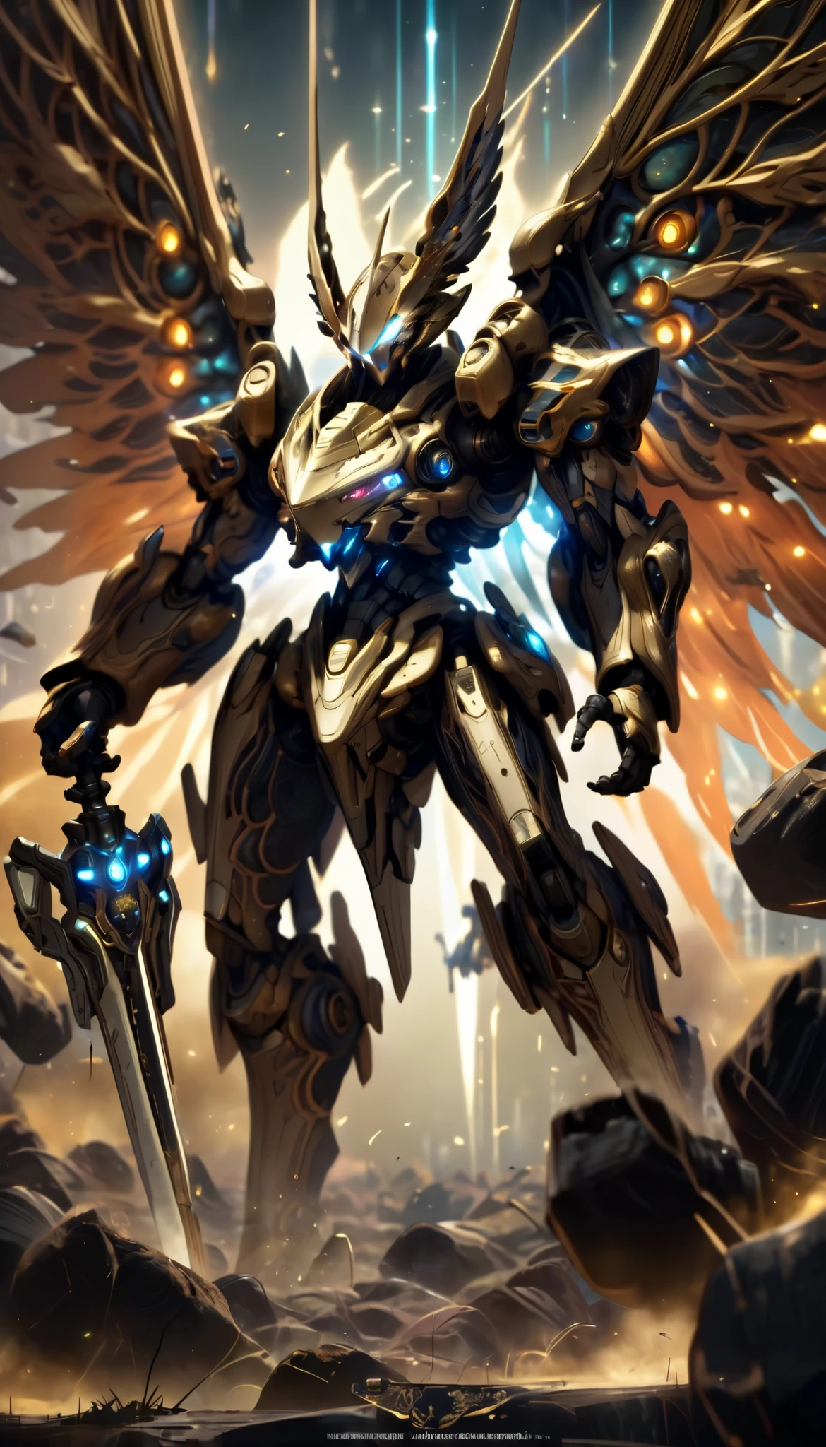 There are no humans and bugs. Only a combat bipedal robot weapon with many curves. It is slightly hunched forward. (Inspired by Aura Battler Dunbine and Sirbine), it has armor resembling a beetle, a cockpit hood from the chest to the abdomen, three claws on the toes, and horns like a beetle on its forehead. There is beetle-like metal wing on its back. It wields a large sword in its hands. Its eyes are glowing. The scene depicts an aerial battle against a backdrop of explosions, showcasing a masterpiece of high-quality, professional illustration. It has the style of a model kit packaging.
