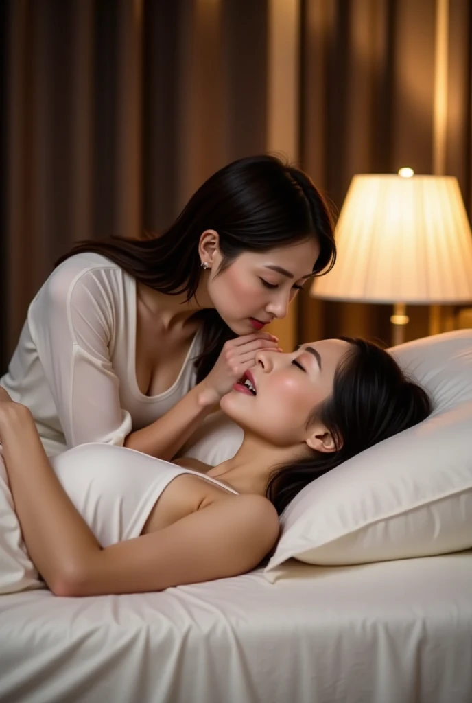 (high resolution, ultra-detailed, photorealistic), ((half body:1.4)) photo of sjang and her identical twin, laying on top of the other person, bed, cuddling, ((kissing:1.4)), realistic faces, (bedroom:1.2), romantic, soft lighting, vibrant colors