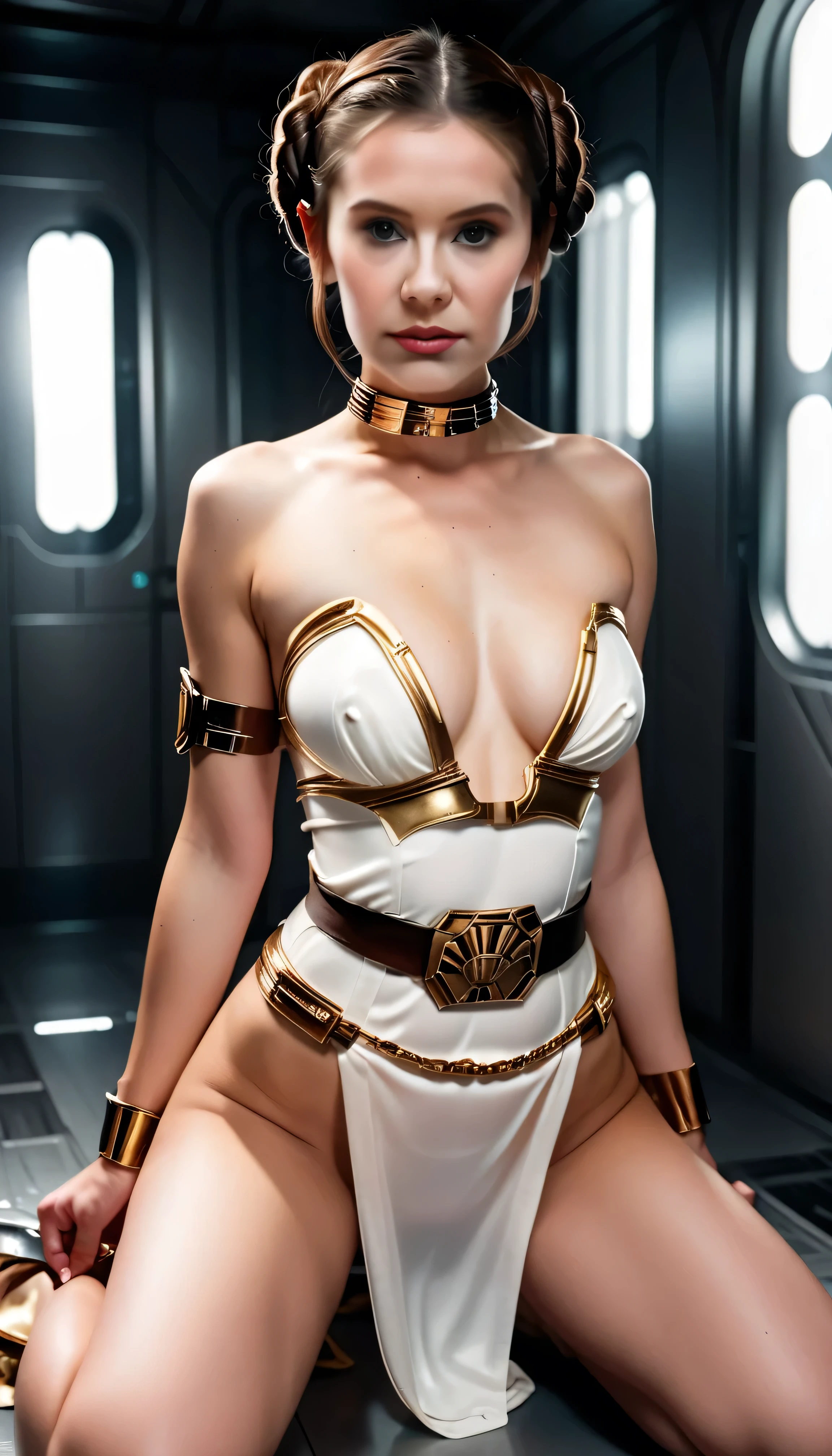 sfw,1girl and 1man, princess Leia in slave outfit kneeling in front of imperial stormtrooper,pov from behind, star wars movie, detailed face, detailed eyes, cinematic lighting, dramatic pose, highly detailed, photorealistic, 8k, award winning digital art, trending on artstation, concept art style, muted colors, dramatic shadows