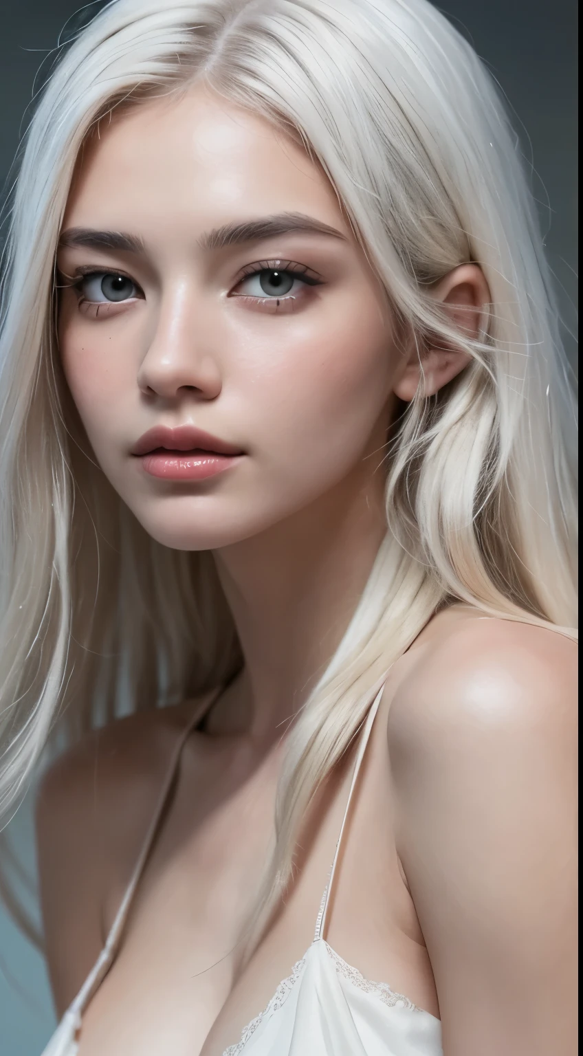 (Raw photos taken with a single-lens camera:1), (best quality), (lifelike), (8K high resolution:1), (Delicate skin and skin pores and goosebumps:1.2), (hd facial:1), (Detailed face), soft light, exposure blending, medium shot, (intricate details), A pair of likers, long white hair , breezy beach, like, shame,