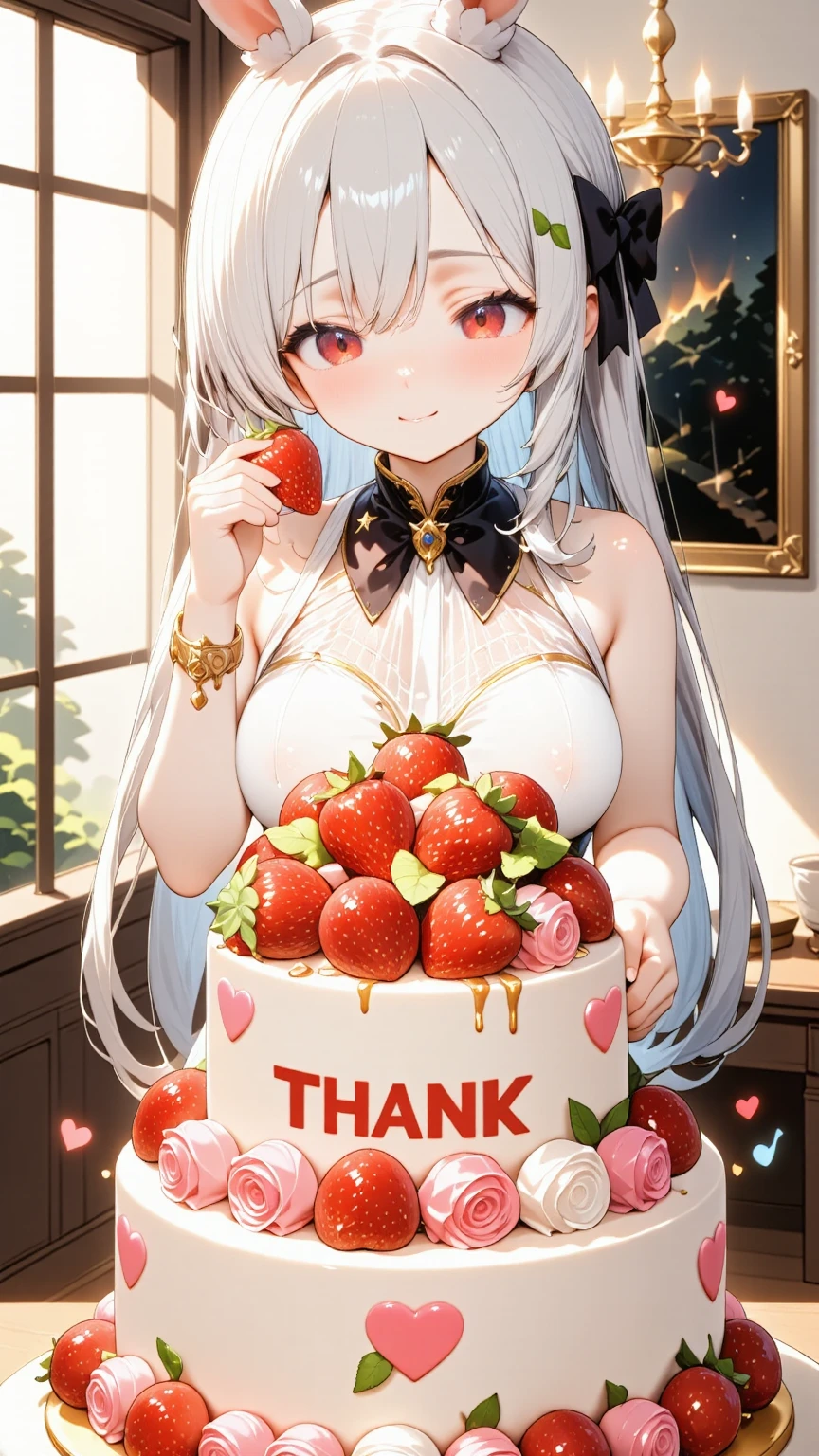 text on cake say "5000 THANK with LOVE".  rabbit girl\(chibi,cute, kawaii,red eyes,white rabbit ears, wearing pretty white dress embroidered with shiny white silk, luxuriously braided long white hair, big black hair bow, bangs, idol, looking at cake, put strawberry on cake, smiling\) making huge gigantic multilevel decorated cake\(with fresh strawberry and colorful rose\).decorated party room.newest anime style.Perfect hand,Detailed hand. focus on the cake, beautiful bokeh,vivid lighting. chandelier. colorful cute image.  colorful heart notes and star notes.