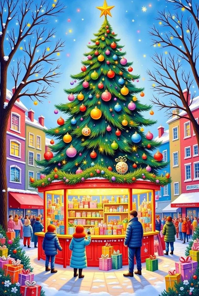 Heavy color oil painting ， Christmas， bustling streets，Huge Christmas Tree ，crowd，shop