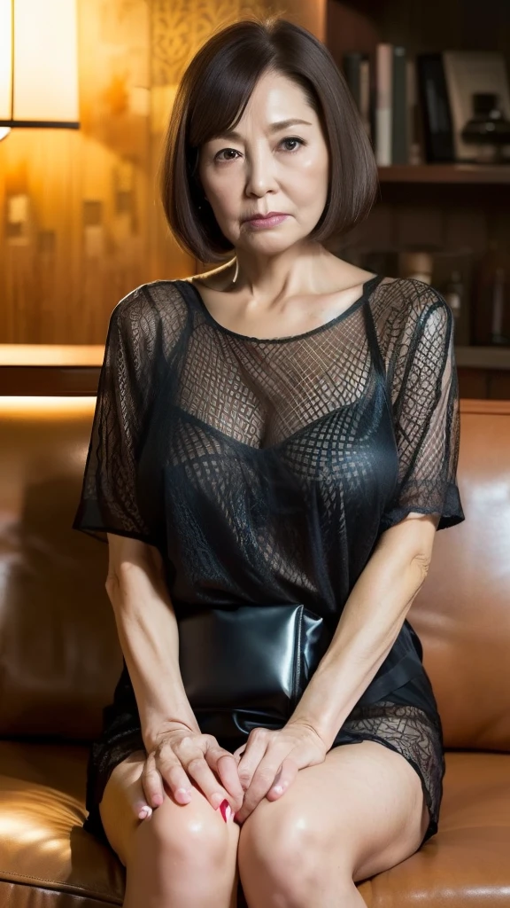  high image quality, high image quality, Attention to Details , Masterpiece,(An aging body), sharp, (( Japanese:1.1)),((Mature Woman)),(80 years old:1.6),(Wrinkles around the eyes), brown hair ,( straight hair :1.1),bangs,(( sitting on the sofa in a dark bar )),Be in the center of the screen ,Looking ahead to the photographer,( Patterned Sheer Blouse:1.4),(small saggy boobs:1.3),(Thighs:1.1),( No Emotion:1.2),(old woman:1.6),(Slutty woman:1.3),Narrow Face,  bob cut, ( chubby body),I have a protruding belly,Ordinary housewife