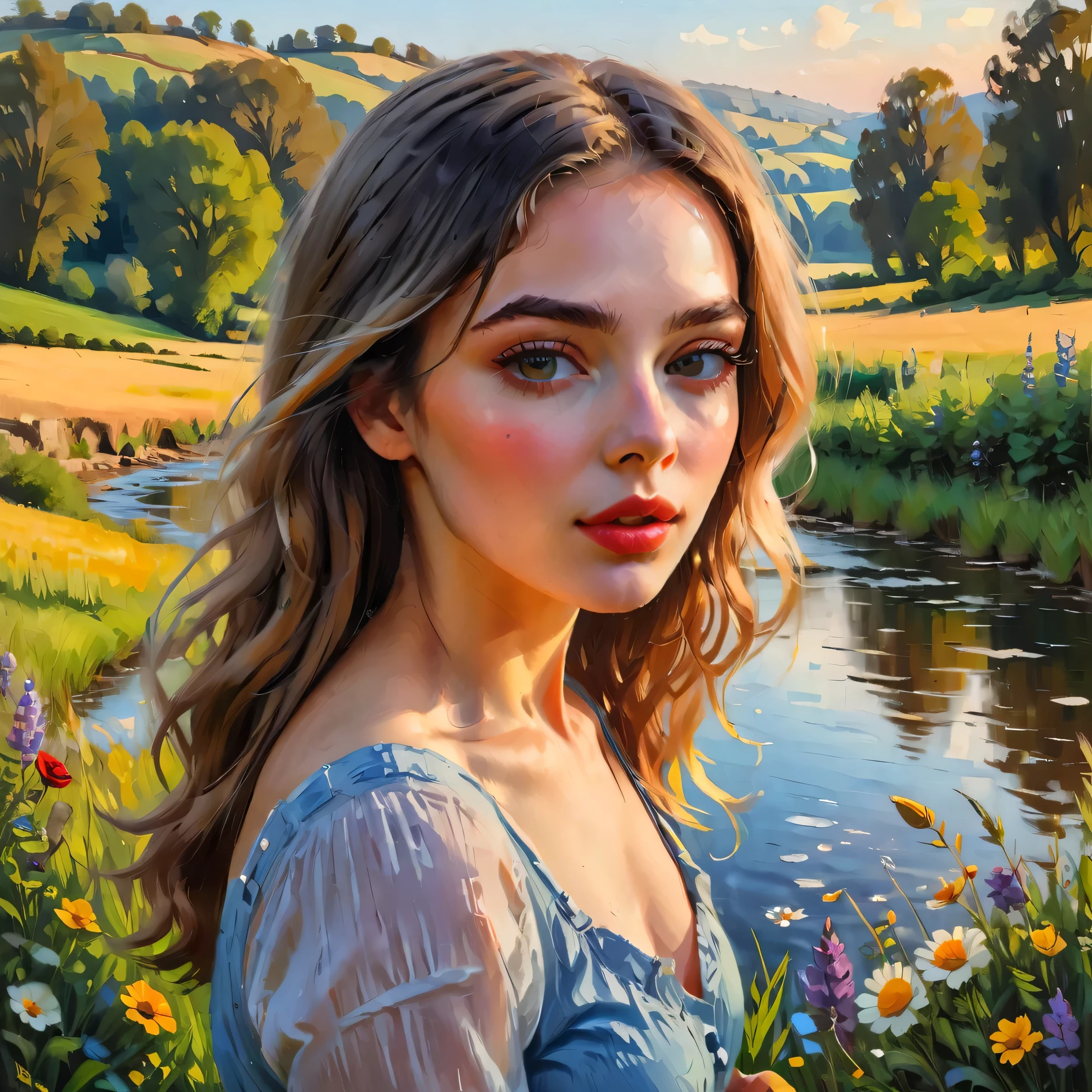   a girl in a pastoral field ,  beautiful and detailed eyes ,  beautiful detailed lips ,  extremely detailed eyes and face,  long eyelashes are not attractive,  soft and natural lighting , Golden hour, warm tones, detailed foliage,  lush vegetation ,  Wavy hills , idyllic meadows  ,  wild flowers , blooming flowers ,  Calm stream , reflection in the water, ( better quality,8K,highres, masterpiece:1.2),ultra-detallado,( realistic ,photo realistic ,photo- realistic :1.37), vibrant colors,landscape, film composition