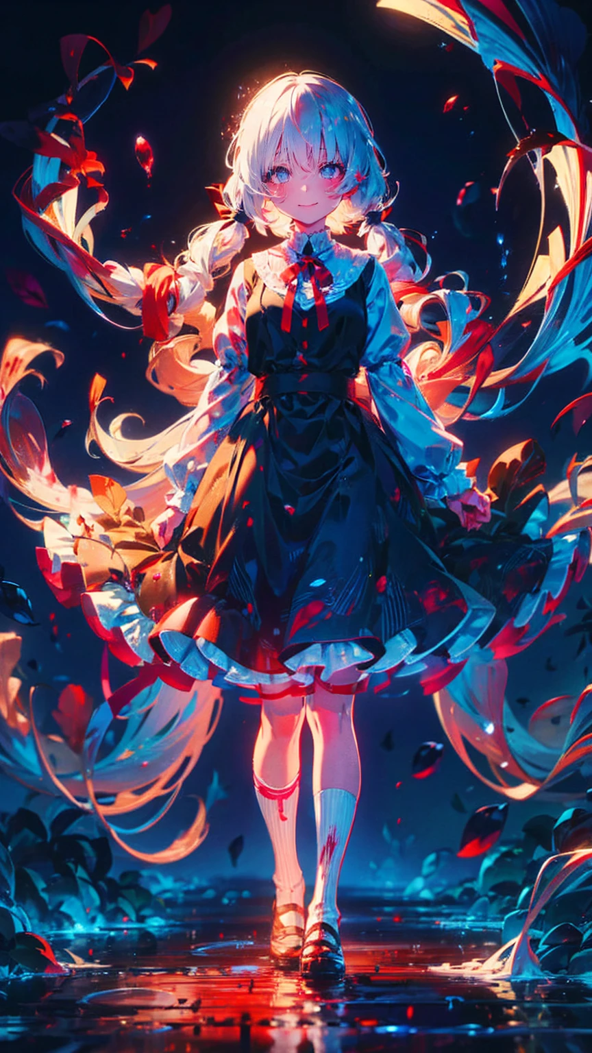 Tokyo ghoul style, woman, 22,  has 2 twin tails on long white wavy hair ,   light blue ribbon accessory  ,  white and baby blue   ****Tadres,   covered in blood splashes  ,   white knee-high socks  ,  縫い目のついたおもちゃのウサギの has 2 twin tails on long white wavy hair   , 成人woman,   mature,   gray eyes, Glass, smile,   standing on a blood-stained thing   ,   black Marie Jane  ,   headless doll placed on the ground   ,  Cut a stuffed animal  
