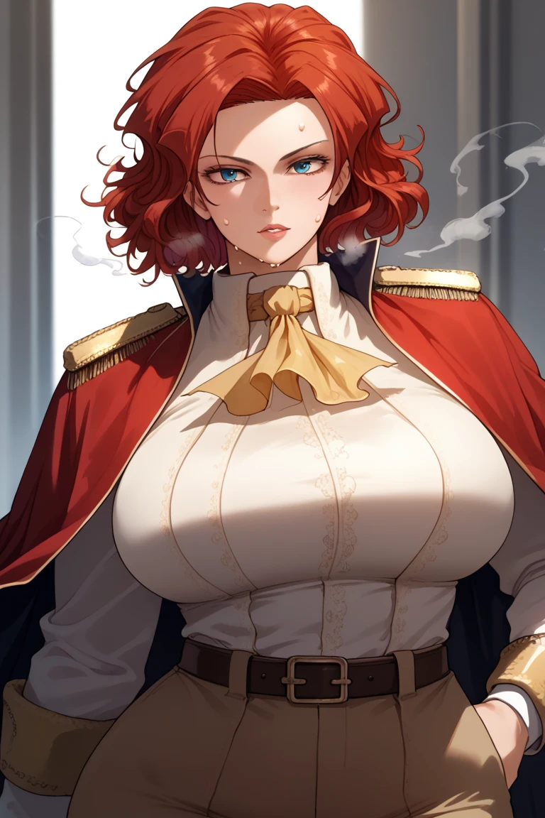 huge breasts, alicia, short hair, red hair, blue eyes, white shirt, yellow ascot, red cape, epaulettes, pants, belt, 1girl, solo, Best quality, High quality, Detailed, High resolution, 8k, Ultra high res, Soft saturation, Professional quality, Perfect contrast, Perfect litthing, Anatomically correct, wide hip, seductive BREAK Face focus, beautiful, steam from breathing, Light smoke, simple background, sweat, solo, standing, wet