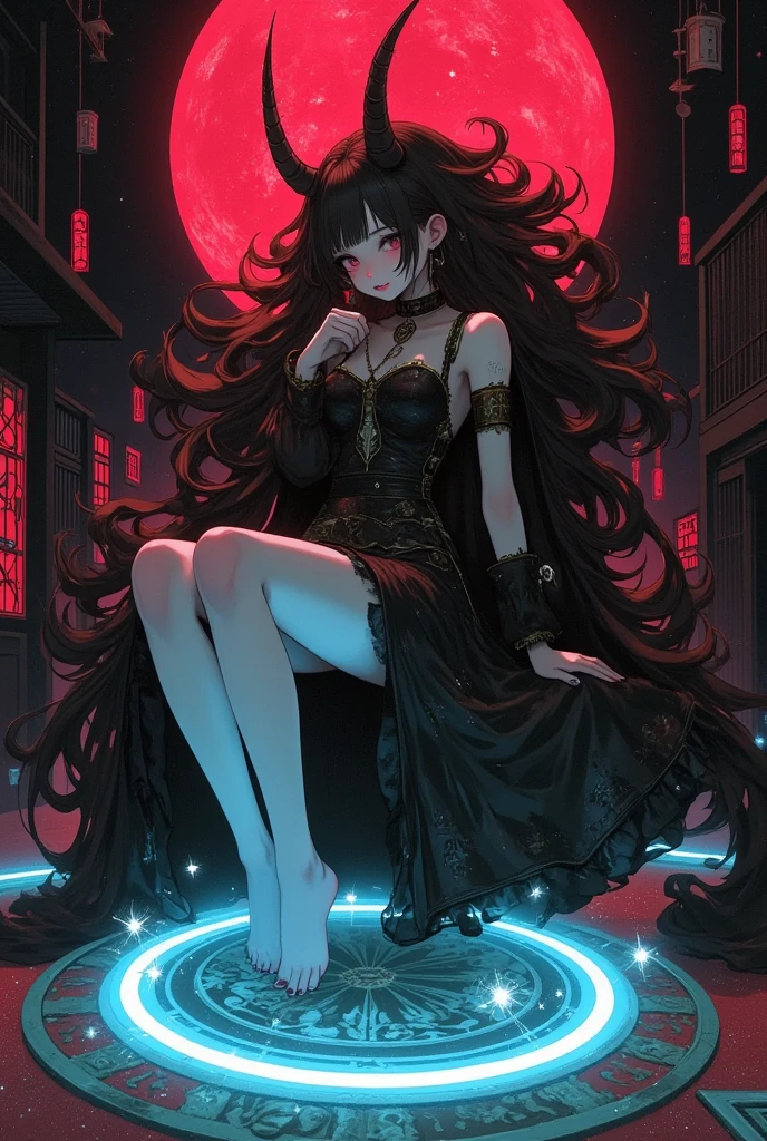 succubus trapped inside plasma sphere, large neon-colored magic circle on the floor, dimly lit room, huge crimson full moon, various effects, bold and dynamic, contrasts of light and shadow, 2.5D, artistic photography, hyper realistic, ultra detailed, absolutely resolution, masterpiece