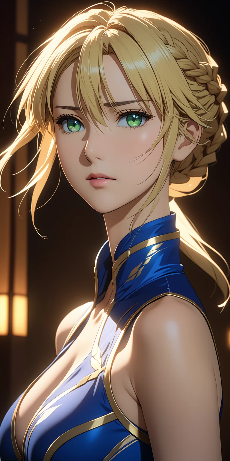 anime art, very aesthetic, masterpiece, high quality, 1girl, mature female, blonde hair, braid, green eyes, Artoria pendragon (lancer) (fate), expressionless, sleeveless blue leotard, cutout cleavage, curvaceous, upper body, cinematic lighting, stunning visual cg, dynamic angle, kyoto animation style