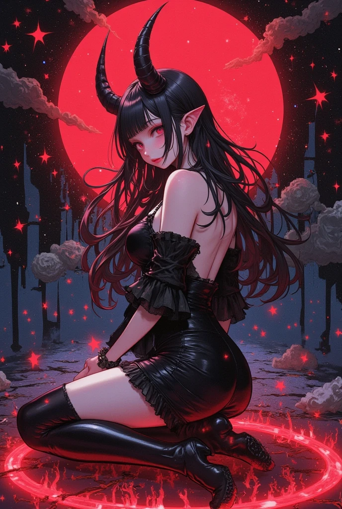 succubus trapped inside plasma sphere, large neon-colored magic circle on the floor, dimly lit room, huge crimson full moon, various effects, bold and dynamic, contrasts of light and shadow, 2.5D, artistic photography, hyper realistic, ultra detailed, absolutely resolution, masterpiece