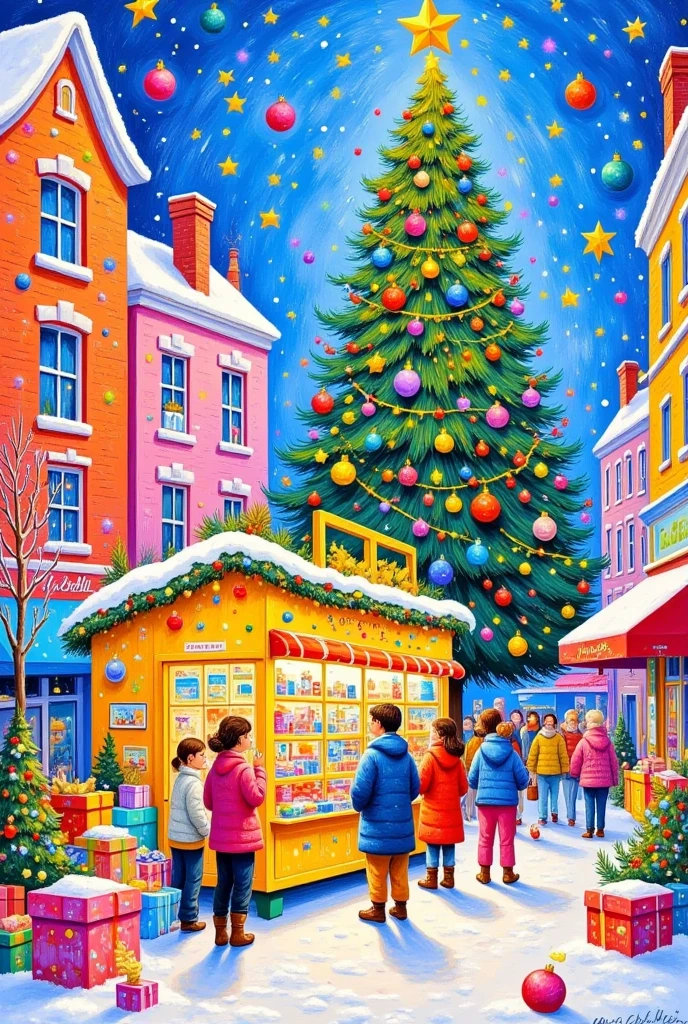 Heavy color oil painting ， Christmas， bustling streets，Huge Christmas Tree ，crowd，shop