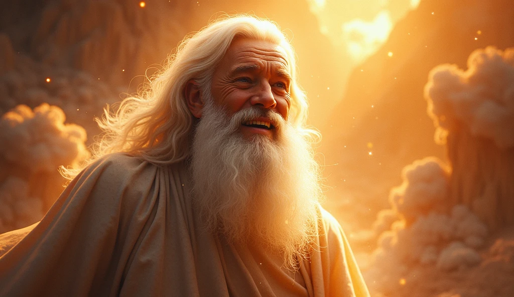 Imagine an epic and stylized scene where God appears as a majestic, energetic and full-body smiling figure, looking down on planet Earth after creating it. His face shines so brightly that it becomes invisible, with a white beard and long white hair, shiny particles floating in the air. it is possible to see rays of light in warm colors come out of