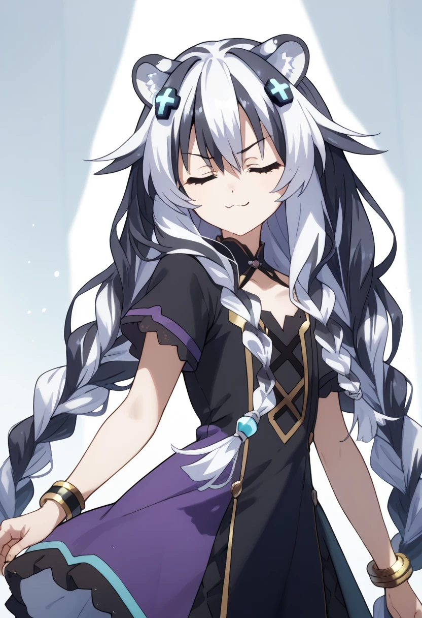 ((masterpiece)), Hyperdimension Neptunia art style, 1girl, solo, long hair, white hair, black hair, multicolored hair, white tiger ears, white tiger tail, closed eyes, purple dress, black dress, multicolored dress, bracelet, smug smirk, low twin braids.