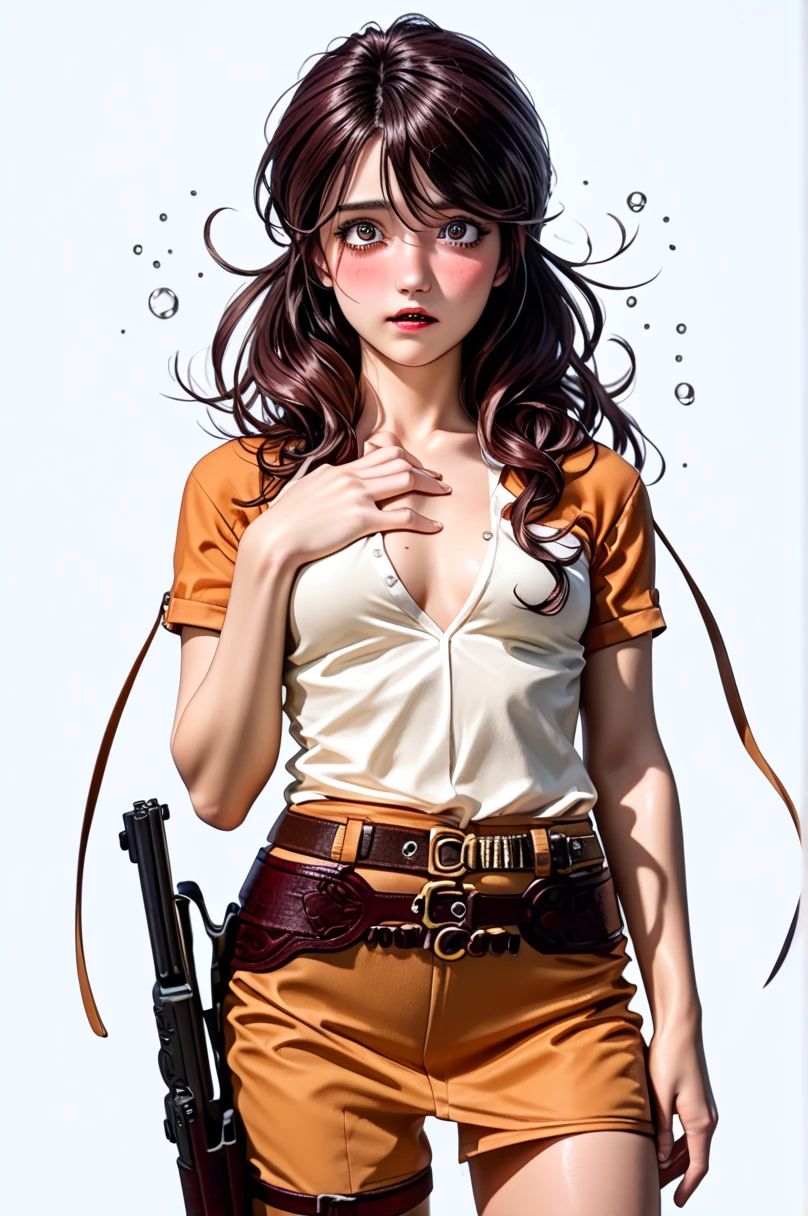 NSFW,nude,1 naked Japanese beautiful girl ,Achika Lisa,( viewers:1.0),( slender body:1.2),(Blushed face:1.0),real skin ,small breasts,  shiny hair ,  Super Detailed Black Eyes,(cowboy gun belt with holster inserted into it:1.5),( watch ),( frontal shot:1.2),24K,(Drunk standing:1.2),( Sexy Expression:1.2),(Surprised:0.9),Captivating thighs,( unmanned white background in the center of the screen:1.5),(Naturally :1.0),(( real:1.0)),(( realistic :1.0)),((One hand on chest:1.5)),(( cowboy shot:1.5))