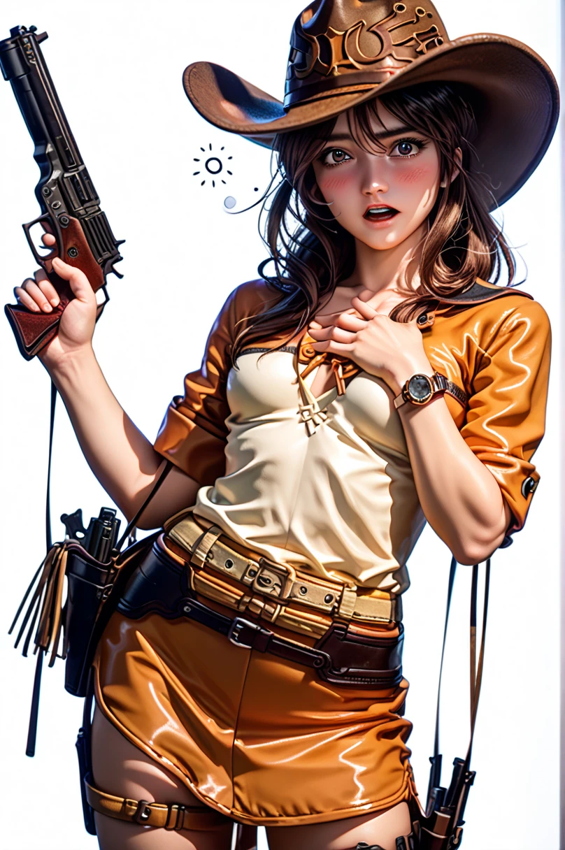 NSFW,nude,1 naked Japanese beautiful girl ,Achika Lisa,( viewers:1.0),( slender body:1.2),(Blushed face:1.0),real skin ,small breasts,  shiny hair ,  Super Detailed Black Eyes,(cowboy gun belt with holster inserted into it:1.5),( watch ),( frontal shot:1.2),24K,(Drunk standing:1.2),( Sexy Expression:1.2),(Surprised:0.9),Captivating thighs,( unmanned white background in the center of the screen:1.5),(Naturally :1.0),(( real:1.0)),(( realistic :1.0)),((One hand on chest:1.5)),(( cowboy shot:1.5))