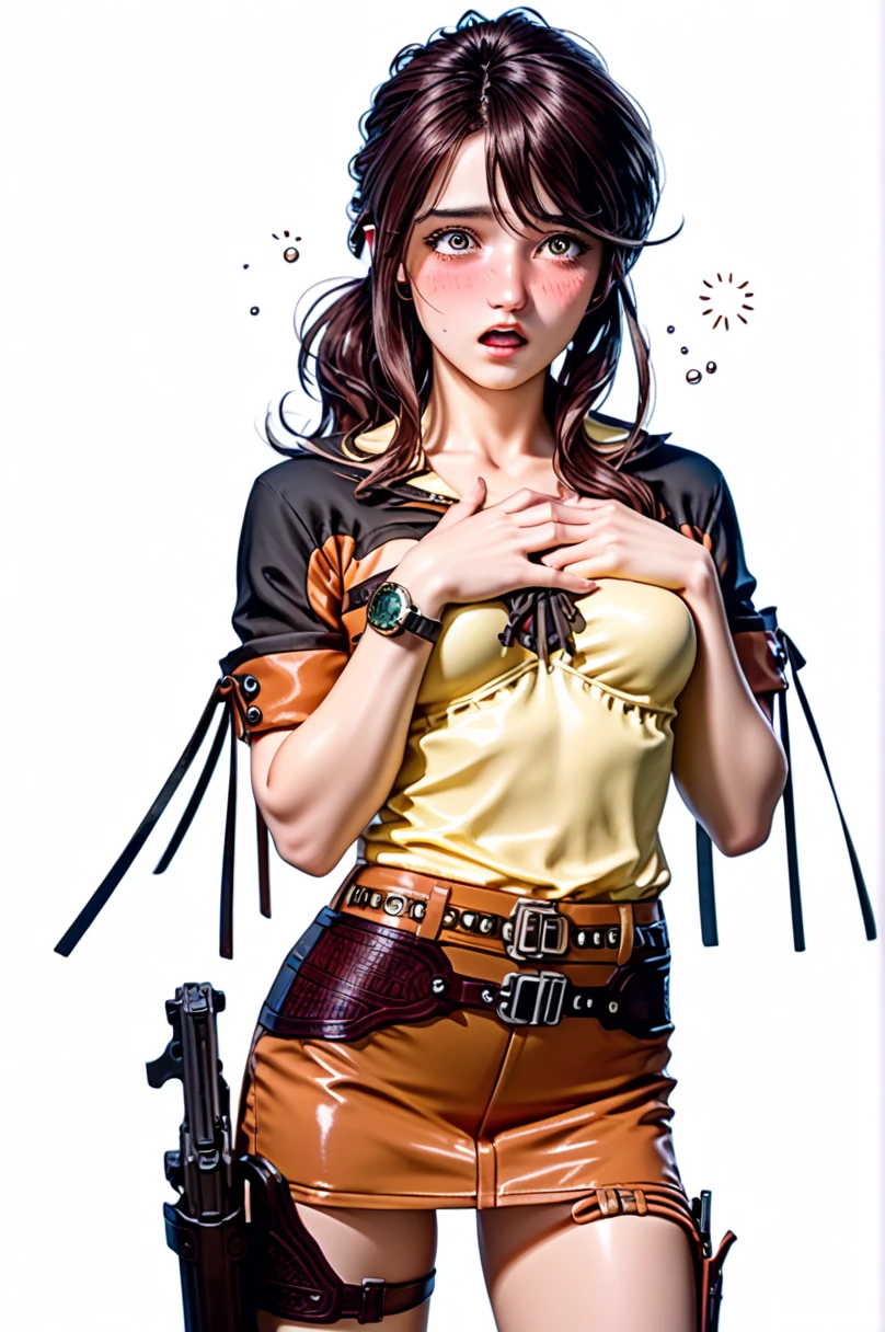 NSFW,nude,1 naked Japanese beautiful girl ,Achika Lisa,( viewers:1.0),( slender body:1.2),(Blushed face:1.0),real skin ,small breasts,  shiny hair ,  Super Detailed Black Eyes,(cowboy gun belt with holster inserted into it:1.5),( watch ),( frontal shot:1.2),24K,(Drunk standing:1.2),( Sexy Expression:1.2),(Surprised:0.9),Captivating thighs,( unmanned white background in the center of the screen:1.5),(Naturally :1.0),(( real:1.0)),(( realistic :1.0)),((One hand on chest:1.5)),(( cowboy shot:1.5))