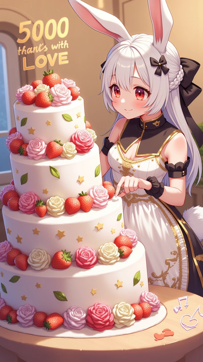 text on cake say "5000 THANK with LOVE".  rabbit girl\(chibi,cute, kawaii,red eyes,white rabbit ears, wearing pretty white dress embroidered with shiny white silk, luxuriously braided long white hair, big black hair bow, bangs, idol, looking at cake, put strawberry on cake, smiling\) making huge gigantic multilevel decorated cake\(with fresh strawberry and colorful rose\).decorated party room.newest anime style.Perfect hand,Detailed hand. focus on the cake, beautiful bokeh,vivid lighting. chandelier. colorful cute image.  colorful heart notes and star notes.