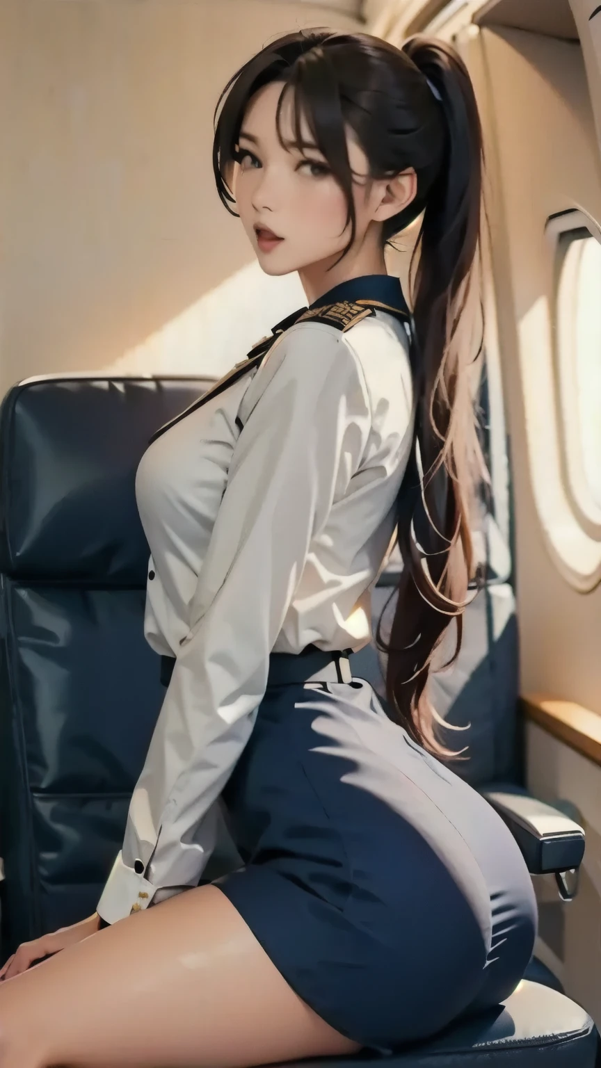 sitting position 、A woman crosses、 flight attendant silver uniform 、Graceful super long ponytail、 climax expression with an ahe face、Blank Stare、 Half Open Eyes 、Half-open mouth、Riding、(masterpiece,  top quality :1.2), Tall Women、Alone