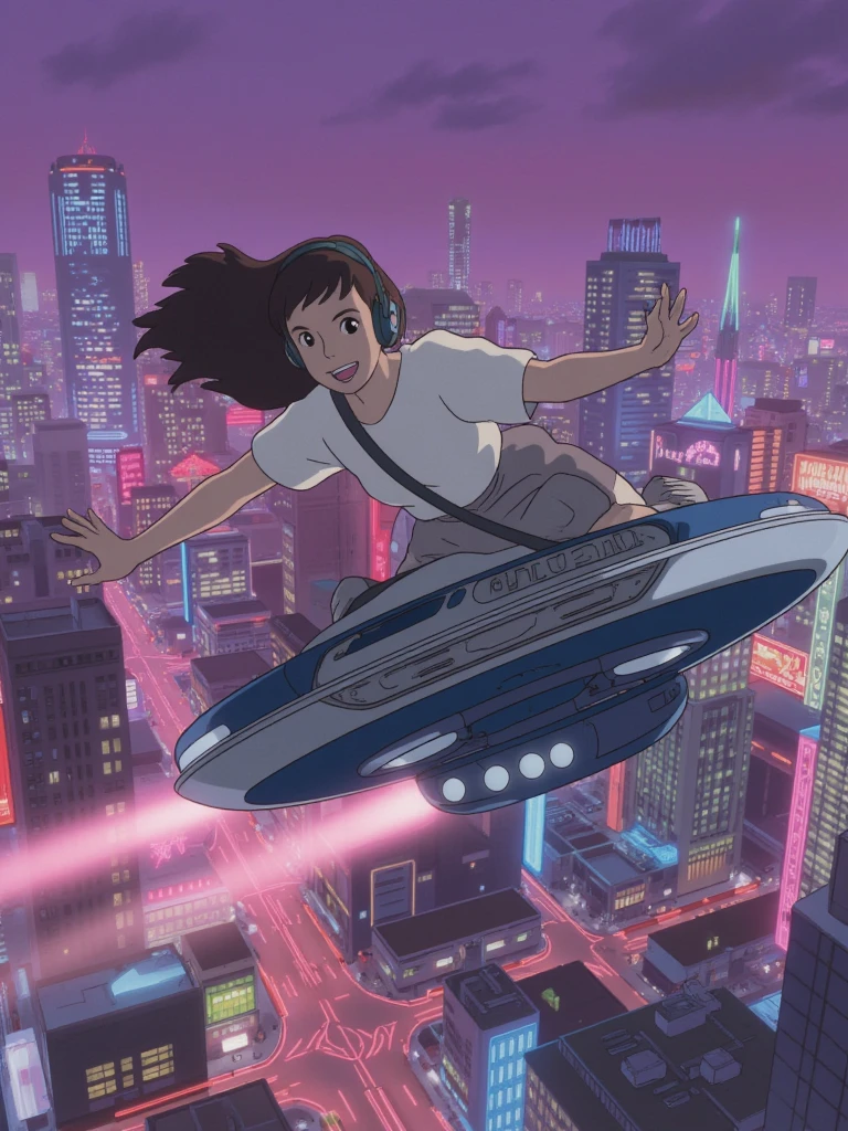 Futuristic city with bright neon lights 、 girl flying through the sky with a mechanical machine listening to music with headphones、grinning、1980s city pop、Purplish Background 、