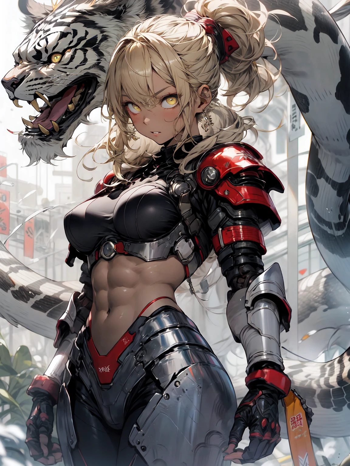 Be realistic、（masterpiece、 top quality 、 top quality 、 very detailed、Big Snake、Most detailed、（The background is abstract：1.5）（ 1 girl ）、Kamimei、（ yellow hair ponytail）、（Yellow eyes glow、Big Breasts、 toned abs 、Stunned）、 crystals、 black bikini 、 sexy、Machine Armor、 tan skin 、（ plug suit ）、irritated eyes 、Haori、Japanese clothing