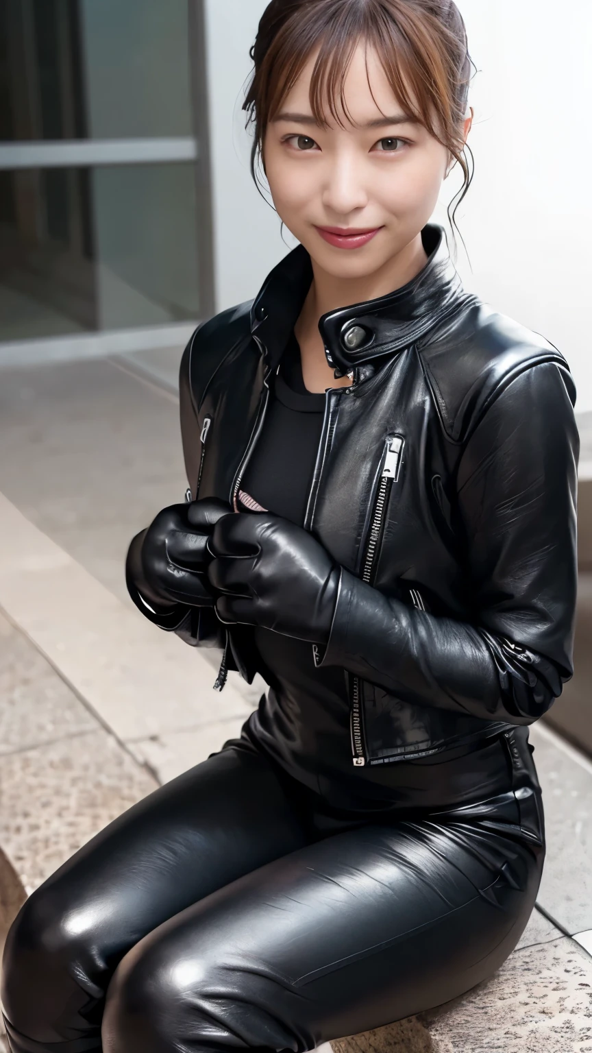 ( glossy black leather riders jacket:1.2), Office in the Dark, Black leather gloved fingertips on both hands,Wearing black leather gloves,Sitting in a black leather chair、 Japanese female new recruits (Black leather gloves cover both hands:1.4) (The angle is in front )、Black Leather Pants,Black Leather Black Leather Pants, black leather skinny pants 、(very tight fit:1.4). Black long leather boots on both feet、 dark hair ponytail that shines when wet((She wears black leather gloves on her hands:1.4))(Full Body Photo:1.3), full body shot full body full body leather suit ,☺(Long boots plus leather pants boots in :1.5)、Full body shot from head to toe、very tight fit. Wearing black leather gloves,Wearing black leather gloves,Wearing black leather gloves,Wearing black leather gloves,Wearing black leather gloves,Wearing black leather gloves,黒のレザーパンツが美しい😍黒のレザーパンツが美しい😍黒のレザーパンツが美しい,😍こちらを見ながら笑faceで微笑んでる,(Align your legs and place your hands on your lap、Composition in which :1.4)City lights、(Cyberpunk City Street:1.3))、 detailed lighting、
best image quality 、 super high res、( realism:1.4)、Korean Beauty Star、The most beautiful KPOP stars、face、Horny Korean Makeup、A body that makes you want to touch it、Realistic leather texture、Costume made of smooth leather fabric、The drape of the curved parts of the leather fabric、The costume is very shiny、Quality of the costume、8K Photo Quality、(shy Smile:1.4)(The whole body is inside the frame :1.3)