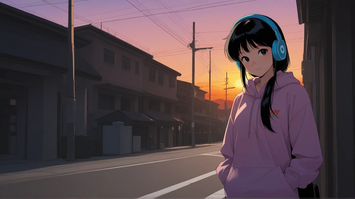 Retro。 beautiful girl。 headphones。 black hair。sunset。Streetscape。