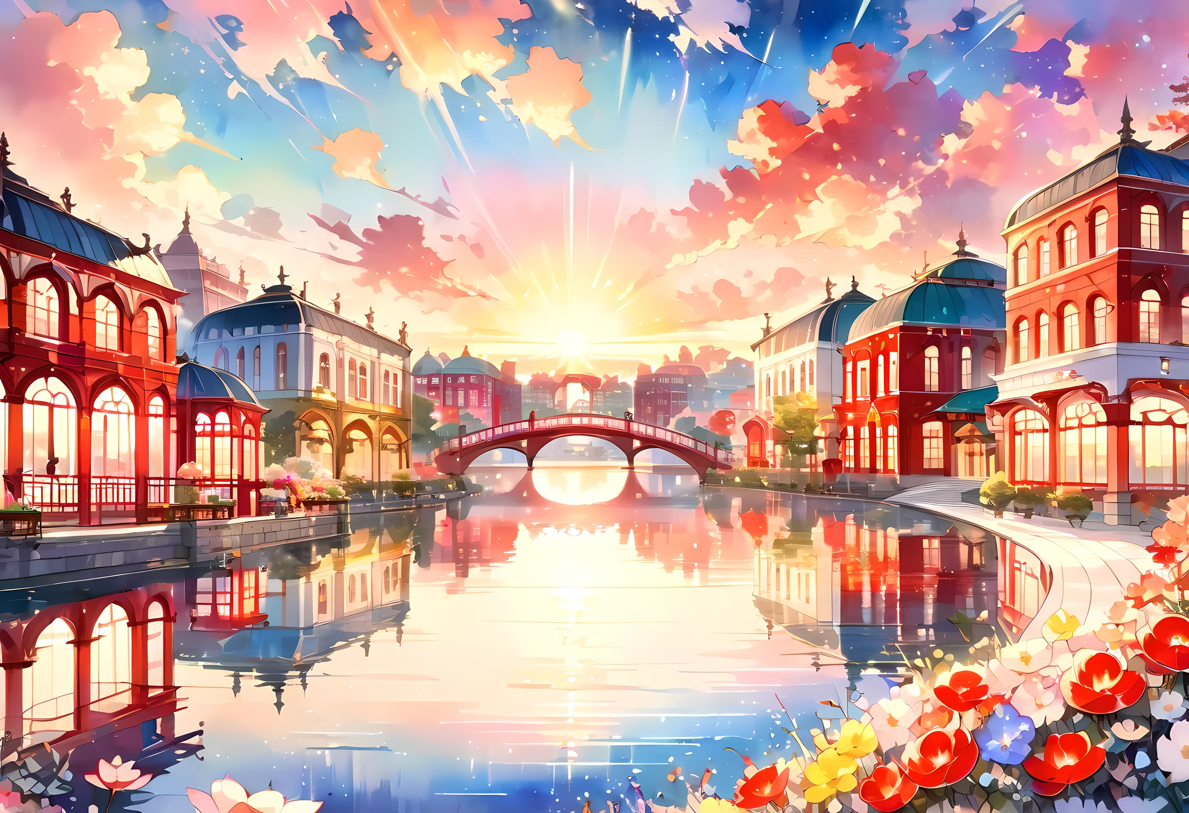 (((An elaborate watercolor painting depicting a beautiful sunset landscape with lots of red brick buildings))),(((Soul Love ))),(( top quality ,masterpiece:1.5)),((Tartarian style )),((Glittering gondolas )),((Dome-shaped roof )),(( reddish throughout )),( large colorful photons :1.5),( Splendid flowers in the foreground ),( pearl white ),(Perfect Anatomy),( Ultra High Quality ),( detailed background),(Artwork),( shining flowers ),(Great harmony ),(The 々 creatures you depict are beautiful),Desaturated:1.1, Rich Color Palette ,Beautiful and fantastic lighting, anime style,Beautiful waterside ,truth,joy,thank you,comfortable,fair,Elegance,Polite , true strength , full of vitality ,altruism,Beautiful,clean, soft,Here and now , Forget Time ,Unadorned ,fun,continuation,Cute Cat, chocolate brown 