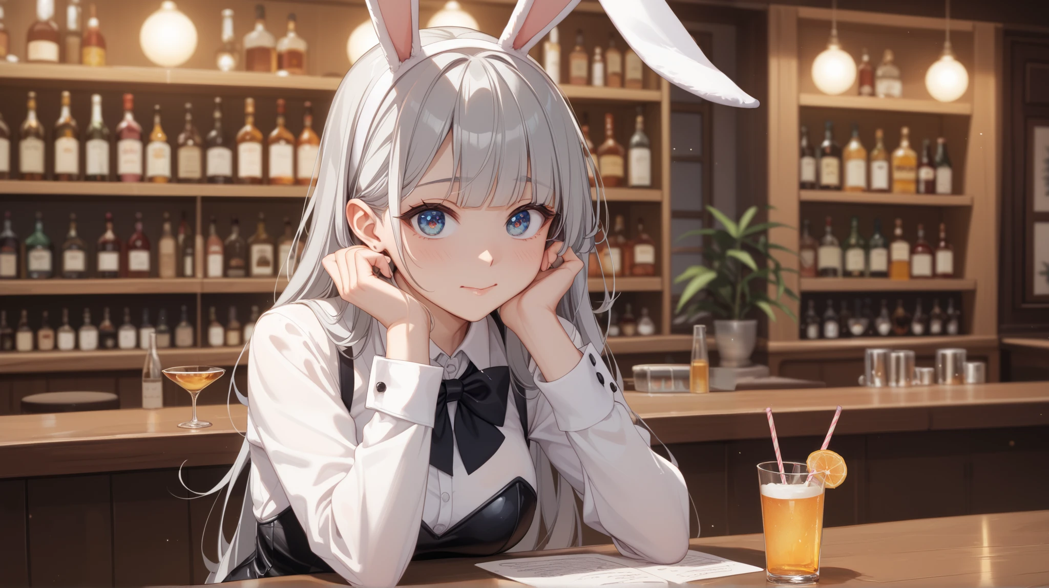 1girl, long hair, ribbon, bare shoulders, walking, coffee shop, (bunny girl), bunny girl suit, deserts, coffee, upper body, blurred background, tilt shift, matte painting, visually stunning