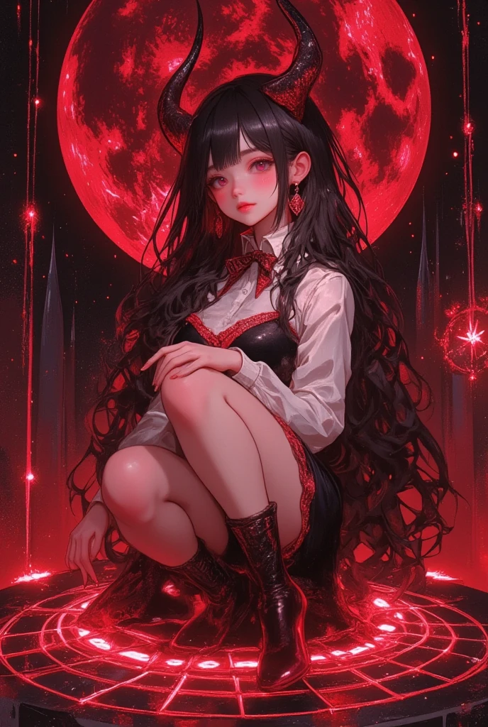 succubus trapped inside plasma sphere, large neon-colored magic circle on the floor, dimly lit room, huge crimson full moon, various effects, bold and dynamic, contrasts of light and shadow, 2.5D, artistic photography, hyper realistic, ultra detailed, absolutely resolution, masterpiece