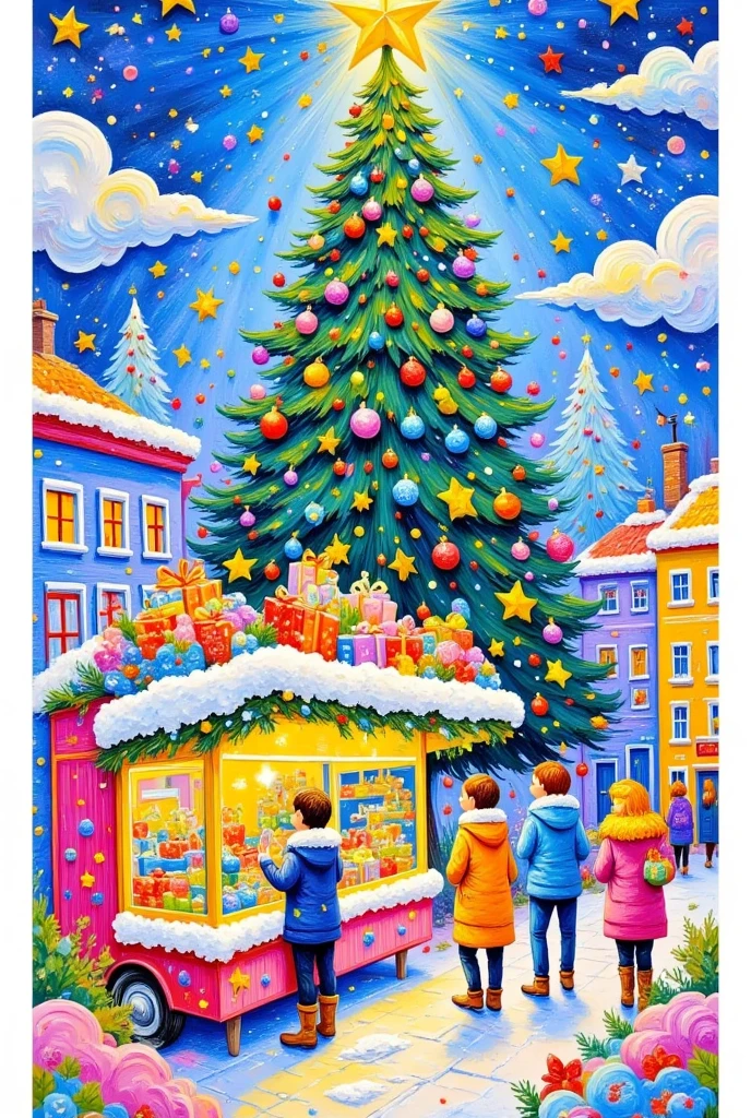 Heavy color oil painting ， Christmas， bustling streets，Huge Christmas Tree ，crowd，shop