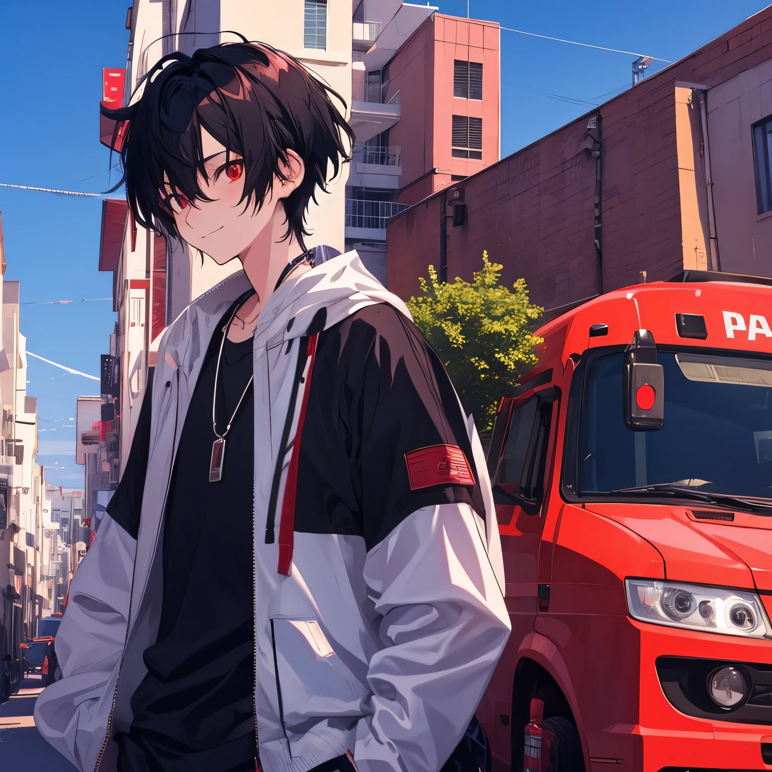 A high-quality, emotional anime-style illustration inspired by Makoto Shinkai, depicting an 18-year-old energetic and confident boy named Naoki Takajo. The character is slender with delicate arms and legs, wearing loose, casual clothing that balances simplicity and high sense of style. His black hair is slightly tousled, and his vibrant red eyes are drawn with extraordinary detail, capturing his passionate and straightforward personality. He stands confidently under a beautiful blue sky, radiating energy and charm. His half-smile adds a touch of playfulness to his appearance.

Background: a bright, clear day with a vivid blue sky and subtle clouds, evoking a sense of hope and youth. The scene is highly detailed in 8K resolution, showcasing every nuance of the character and setting.

Additional tags: (face:1.061), ((male:1.4)), slender body, everyday, anime-style, charm, functional beauty, [simple high sense], [loose and rough clothing, rough uniformity, casually adjusted], [top quality, high resolution, 4K, 8K resolution, ultra-detailed], slender body, [half-smile], wholesome and cool.

Adjust the composition to emphasize Naoki's red-themed aesthetic, subtly incorporating hints of his love for gourmet food in the background or details.