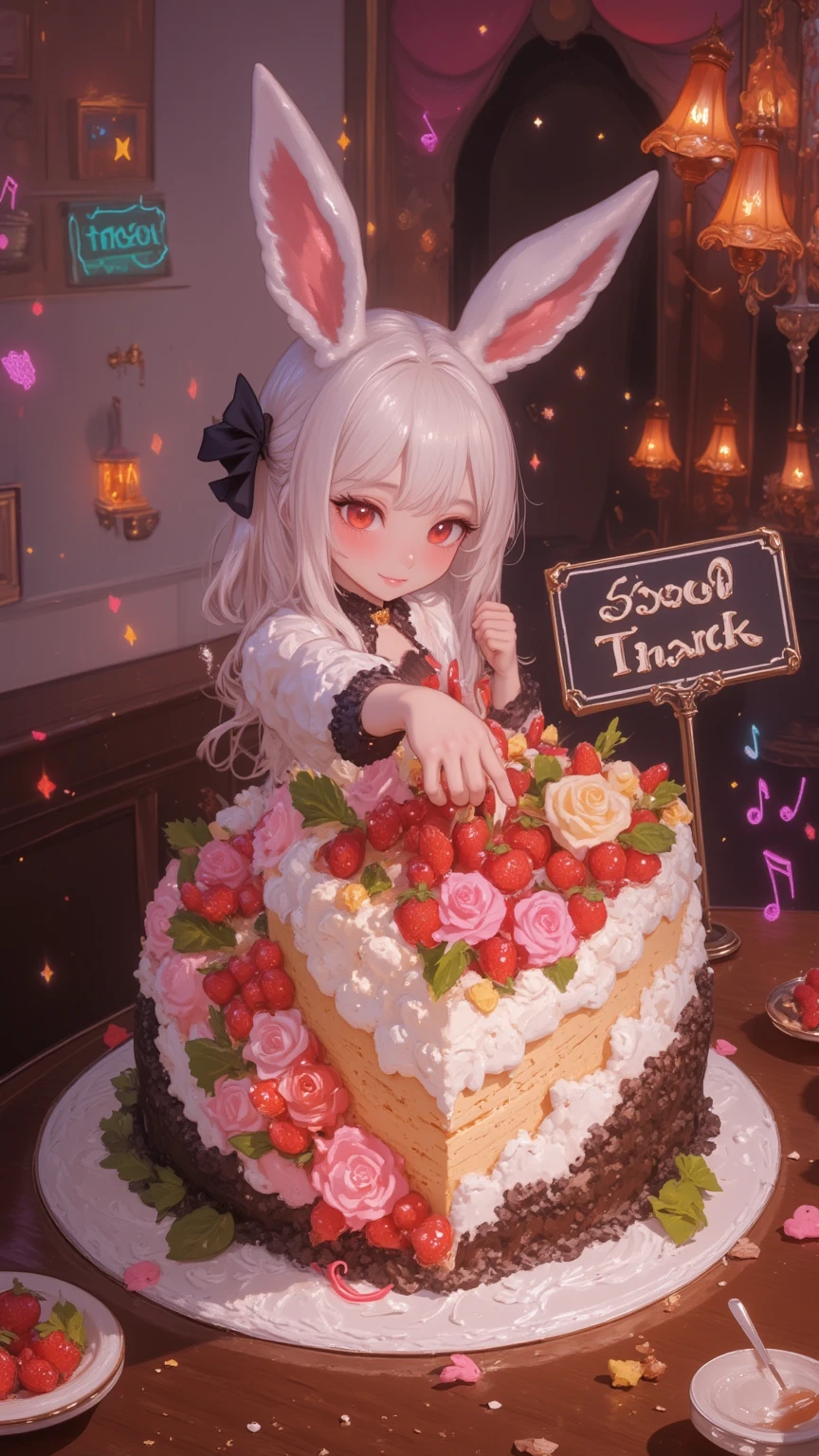 text on cake say "5000 THANK with LOVE".  rabbit girl\(chibi,cute, kawaii,red eyes,white rabbit ears, wearing pretty white dress embroidered with shiny white silk, luxuriously braided long white hair, big black hair bow, bangs, idol, looking at cake, put strawberry on cake, smiling\) making huge gigantic multilevel decorated cake\(with fresh strawberry and colorful rose\).decorated party room.newest anime style.Perfect hand,Detailed hand. focus on the cake, beautiful bokeh,vivid lighting. chandelier. colorful cute image.  colorful heart notes and star notes.