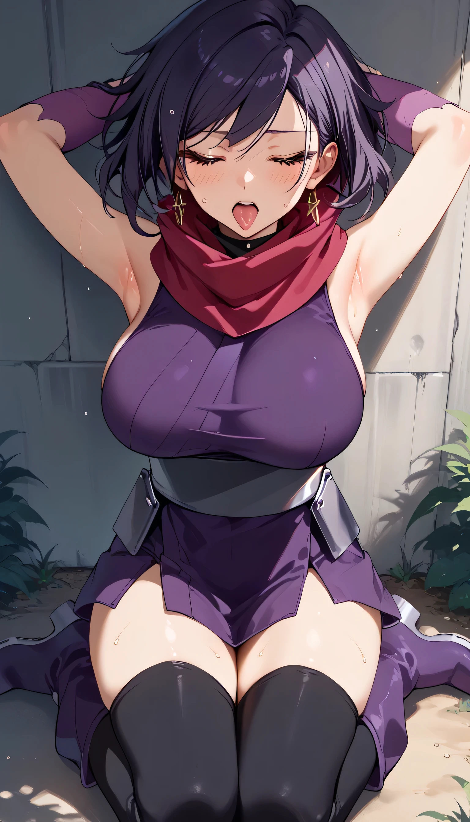    One Girl   ，One man behind it ，iris ，   Kunoichi，紺色の髪，  have their eyes closed，  torn ninja costume(   Red Scarf  ，Deep purple kimono，   sleeveless  ，Big Breasts， light purple arm cover ，    Black Knee High   ， purple long boots  ，)，   is opening her mouth，   sticking out the tongue   ，   sigh， ahe face，sweat， blush， kneeling，Arms up， arms crossed， has both arms grabbed by a man behind，Outdoor，masterpiece