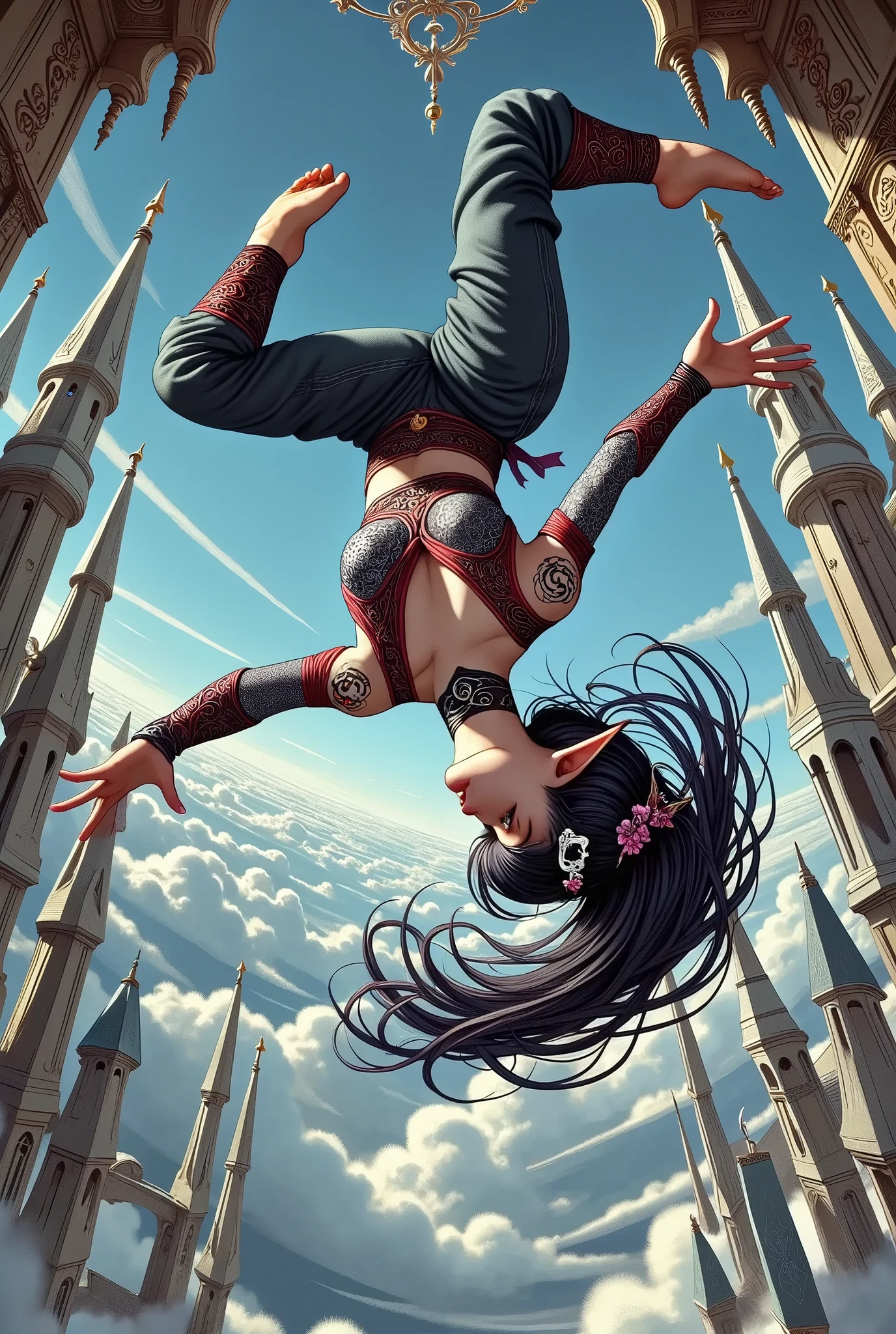 (Ultra-detailed face, Looking away, Fantasy Illustration with Gothic, Ukiyo-e. A young succubus gains momentum and backturns from the top of the deck stairs at an angle, turning herself upside down. Because she is back-turned, her face is shown upside down. Accurately depict the upside-down face and body.), BREAK (She has jet-black hair and eyebrows, blunt bangs, ground-length messy hair, glowing red eyes with yellow stars, small pink lips, pale skin, and dark, thick eyeliner.), BREAK 
(She wears a tiara with a skull motif and a black leather chukar. She wears a high-leg bodysuit of lace fabric made of raven feathers and embroidered with red thread, and stocking boots with braided red laces. On her back she has a pair of large raven-shaped wings.)