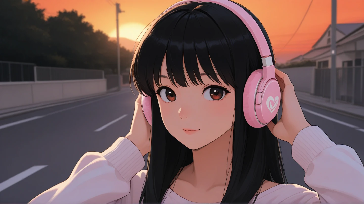 Retro。 beautiful girl。 headphones。 black hair。sunset。Streetscape。ignore。