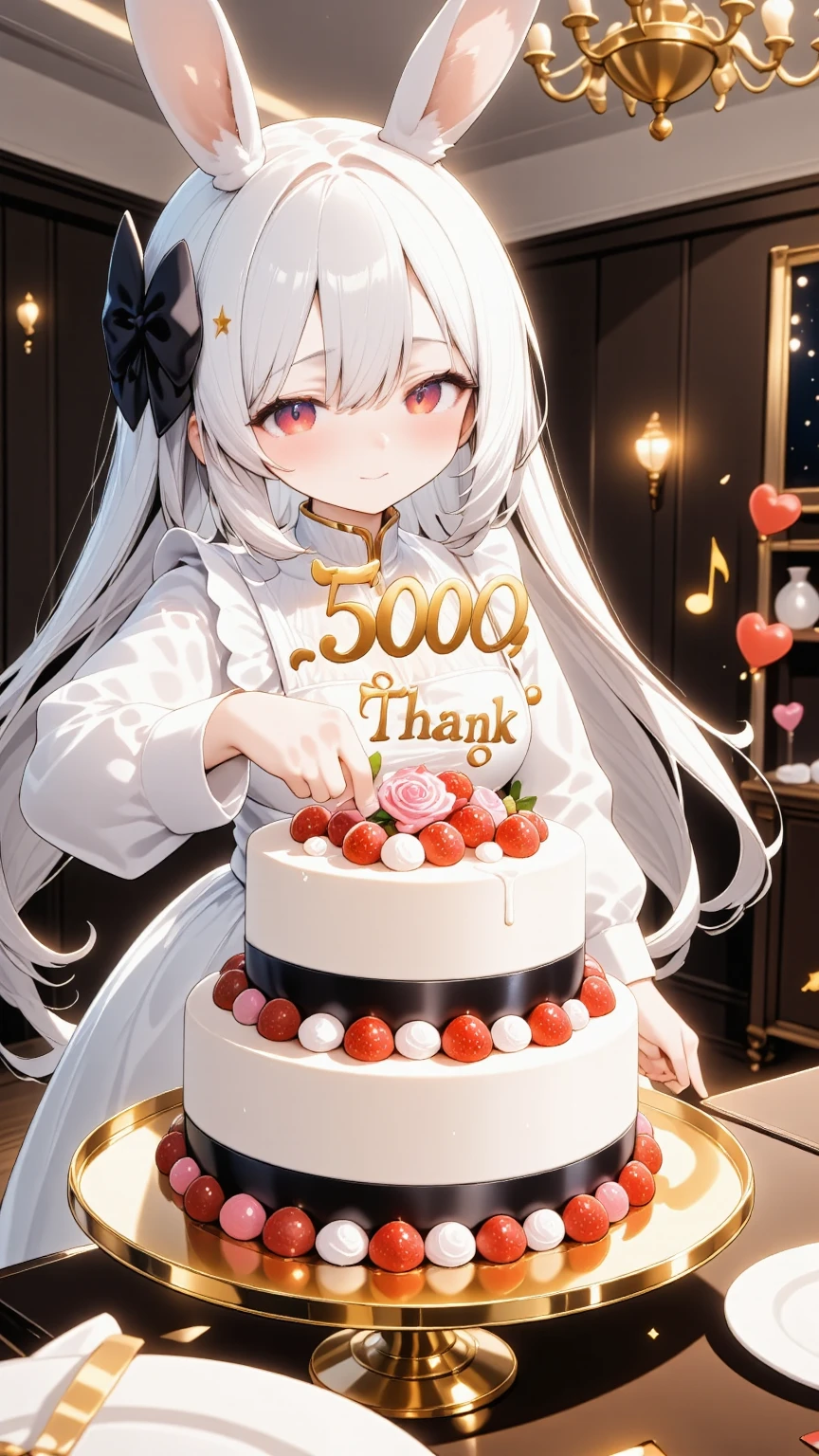 text on cake say "5000 THANK with LOVE".  rabbit girl\(chibi,cute, kawaii,red eyes,white rabbit ears, wearing pretty white dress embroidered with shiny white silk, luxuriously braided long white hair, big black hair bow, bangs, idol, looking at cake, put strawberry on cake, smiling\) making huge gigantic multilevel decorated cake\(with fresh strawberry and colorful rose\).decorated party room.newest anime style.Perfect hand,Detailed hand. focus on the cake, beautiful bokeh,vivid lighting. chandelier. colorful cute image.  colorful heart notes and star notes.