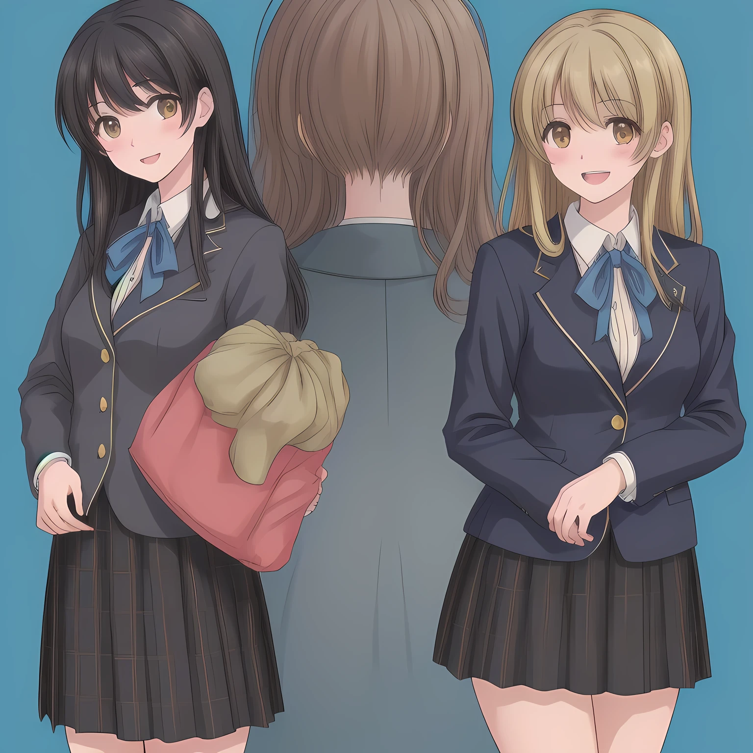 (highest quality, masterpiece: 1.6), (Too beautiful intelligently seducing girls are looking me down and laughing at me with their pretty open mouth, bending their back deeply, can't stop giggling, Too Beautiful noble beautiful dancing anime noble heroines, beautiful giggling noble elegant 16yot anime heroines wares completely white frilled girly blouse covered by navy-expensive-blazer and navy-blue-checkered-plaid-school-skirt with metallic luster, inviting me into deep harem of siren and succubi, Noble Elegant blazer uniform: 1.5), (white white white frilled blouse, with pretty shiny large blue-ribbons made of polyester on the breast and sleeves: 1.2), (Anime-heroine's girly noble laughing giggling brown eyes, the eyes shines and has strong effect of allusion to the viewer: 1.6), (Realistic Charming neat dark-navy-blue very-neat well-pleated long dark-blue checkered glossy expensive plaid school skirt made of metallic-luster-blue-wool: 1.6), (sky-blue background with white heart figured clouds: 1.7), (Eyes, face and hair are especially beautifully detailed and beautifully drawn: 1.5), (Girl whom everyone loves because of her beauty and lovely fashion and noble manner and magic-charm like succubus: 1.0), (Very beautiful, various, cute gorgeous rich dark black hair like seducing hair model, with elegant big yellow hair ribbons: 1.3), (beautiful black hair: 1.5), (Perfect mature body style like a fashion model), (The girl is too much beloved), ((skirt close shot)), ((Light and clearly-detailed well-contrasted neat bewitching too-expensive atmosphere foreground, to catch the viewer taking to the allusion ecstasy of seifuku-fetishism: 1.8)), (Counting to bring the viewer into the allusion ecstasy of seifuku-harem forcibly: 1.2), (black background in the deep world of seifuku-harem-paradise: 1.0), (Viewer can't to stop hugging and kissing her legs and lovely wet lips due to her beauty and seduction: 1.0), (blazer school uniform: 1.4)