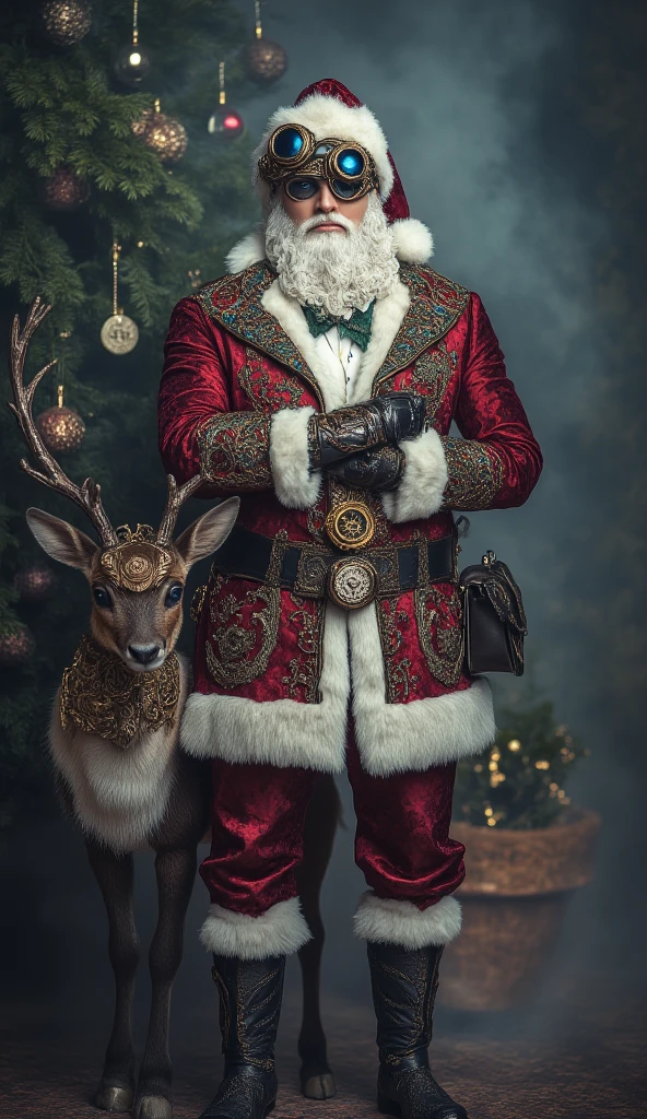 (Masterpiece, High Quality, High Resolution, 8k, 16k, Detail),ArsMJStyle, Rococo Steampunk, Steampunk Santa Claus (young, handsome, slender) with confident expression, arms crossed, wearing red Santa Claus costume with blue lens steampunk goggles, steampunk belt and He is wearing a pocket watch, steampunk cowhide boots, and a reindeer with steampunk ornaments on his side. The background is a slightly blurred Christmas tree, creating a dreamy, ethereal atmosphere. Description: Christmas, goggles, Santa and reindeer, portrait, full body, blurred, realistic, blurred Christmas tree bright light background, Christmas portrait, cool photo, coolness to admire