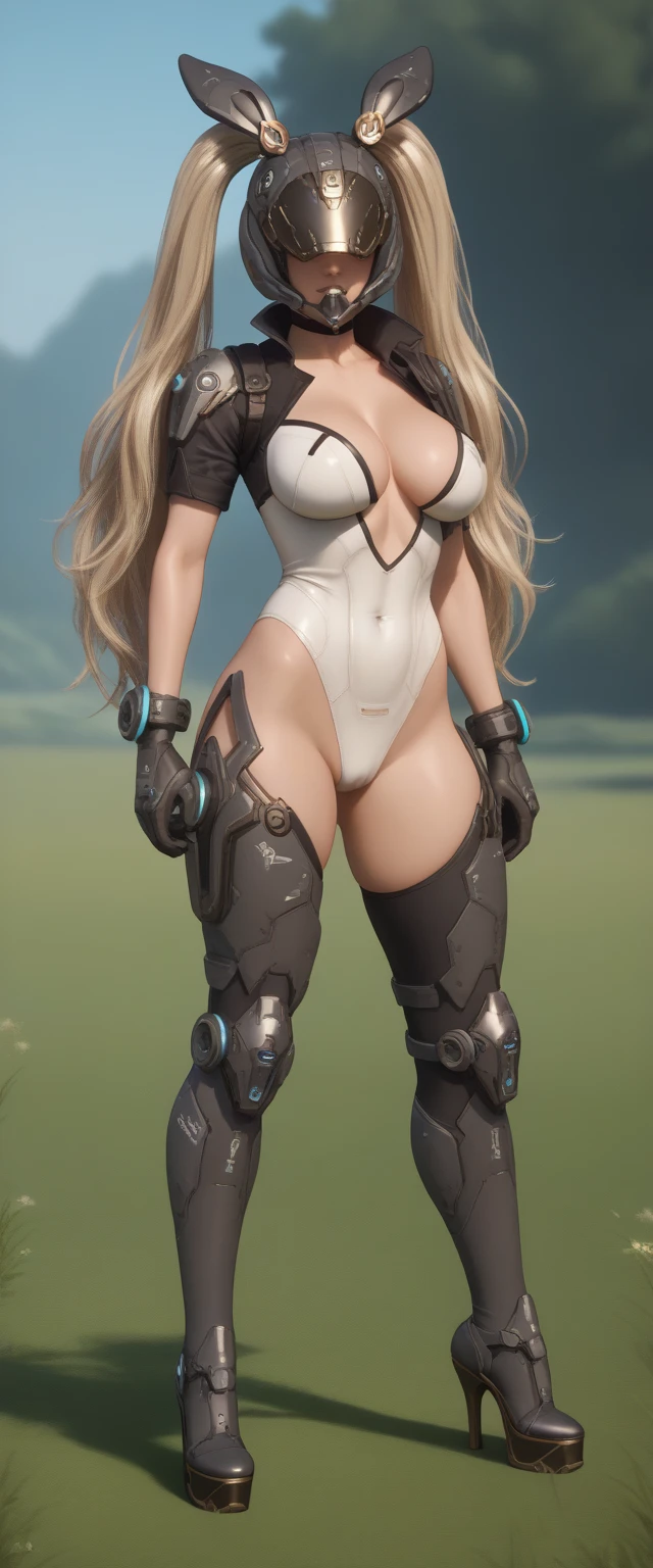highs quality、Best Rendering)、(Miruko、My Hero Academia)、Musculoskeletal augmentation々body、thick muscular legs、Big ass、Pitch black tanned skin、big chest、Silver Hair、long straight hair、Sanpaku eyes、Red eyes、thin eyebrows、lack of lashes、White and long rabbit ears、Elaborate hair、Psychopaths、Crazy face、Glaring at viewers、grinning mouth、Sleeveless white leotard up to the neck、Blue edge、Blue Knee High Socks、High-tech sneakers、Squat with your heels on the ground、M-shaped legs、Spread your legs wide、Put your hands on the ground、central、Scale to dimensions、Camel toe、Taken from below