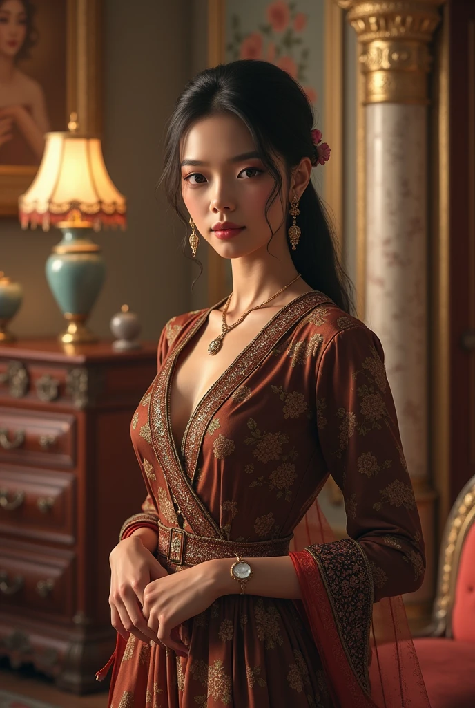 a woman (Scarlett Johansson Age 25), wearing an ornate cheongsam dress, detailed facial features, beautiful eyes, expressive lips, long eyelashes,beautiful skin,elegant hairstyle,feudal china setting,merchant family manor,greeting imperial emissaries,dramatic lighting,rich color palette,cinematic composition,intricate architectural details,opulent decor,stunning visual impact,(best quality,8k,highres,masterpiece:1.2),ultra-detailed,(realistic,photorealistic,photo-realistic:1.37),cinematic,dramatic,intricate,ornate,elegant,atmospheric,moody,rich colors (Show her from head to toe, show her entire body, show all of her)