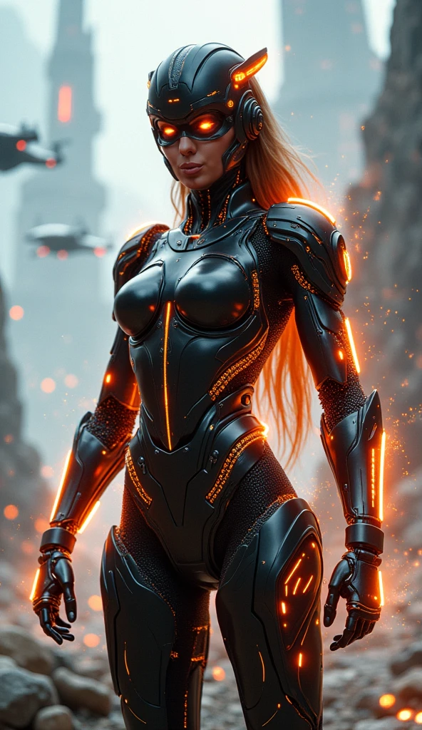 In the heart of a cutting-edge, technologically advanced battlefield, a powerful african Black girl warrior assumes a commanding stance. Her sleek futuristic armor, meticulously crafted with intricate designs, radiant shine and orange lights, hugs her toned body. The suit's polished surface beautifully reflects the vibrant, pulsating lights of her high-tech environment. With her orange braided curly hair cascading down her back, framing her strong, chiseled features, she exudes an undeniable aura of determination and strength. Her determined expression, intensified by her fierce gaze, reveals her unwavering resolve to protect and defend against any potential threat in this advanced, intricately detailed. She is beautiful, has a cute face. Her skin tone is dark brown.