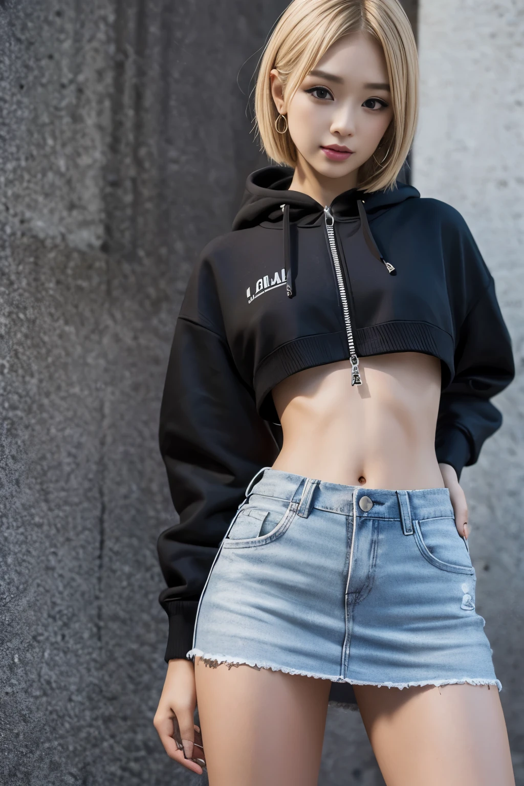8K RAWフォト, Old Cool Korean , big round chest, clevis on a stone, Front Open Cropped Zip Hoodie, Cropped tops, skirt, detailed beautiful eyes , eyelash , beautiful double eyelids, eyeshadow, slit eye , Perfect Eye Makeup, seductive smile, beautiful slender legs, Light Blonde Hair , bob cut, earrings for women with first name,