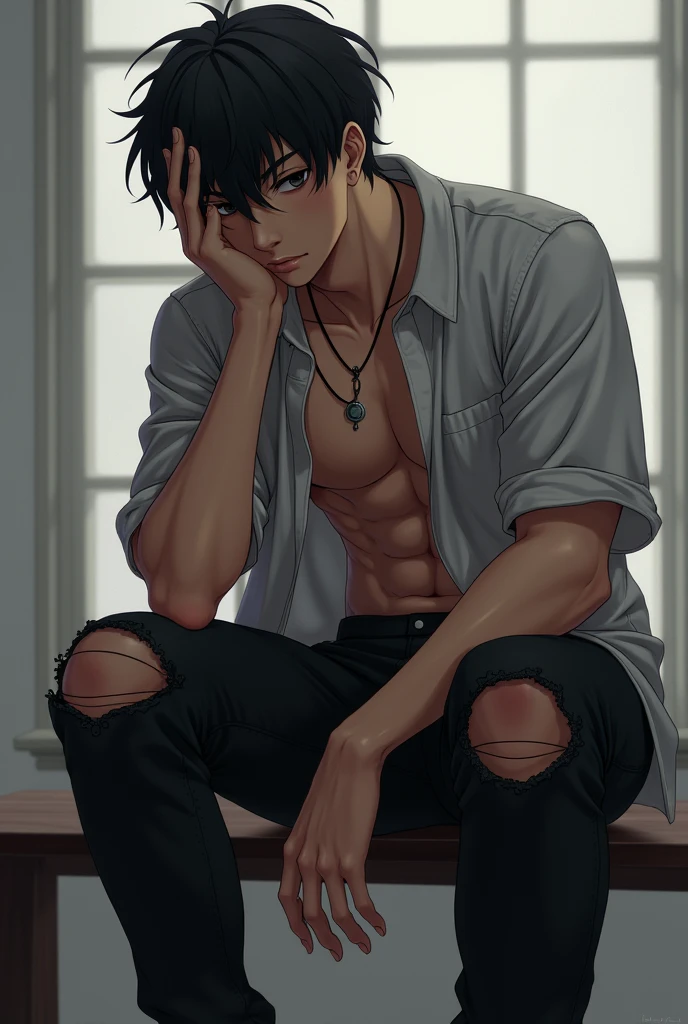 um personagem masculino, pele escura, olhos pretos e relaxados, medium hair covering one eye, a collar and chain as an accessory. Adicione um brinco e algumas pulseiras, some tattoos on the arm, wearing a black shirt, plaid sweatpants and white socks. Adicione orelhas de lobo e cauda peluda de lobo, postura relaxada. Make him chubby, the setting is a messy teenage room, make the character just by drawing something in a relaxed way, use soft brown tones for makeup.